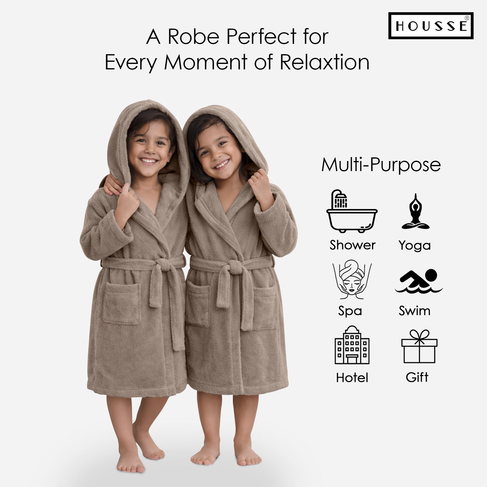 HOUSSE Bathrobe | 450 GSM Microfiber Solid Bathrobes for Kids | Solid Bathrobes, Highly Absorbent, Super Soft Bathrobe With Hoodie And Belt | Lightweight & Warm | 102 cm Long | Size-L | Pack of 1