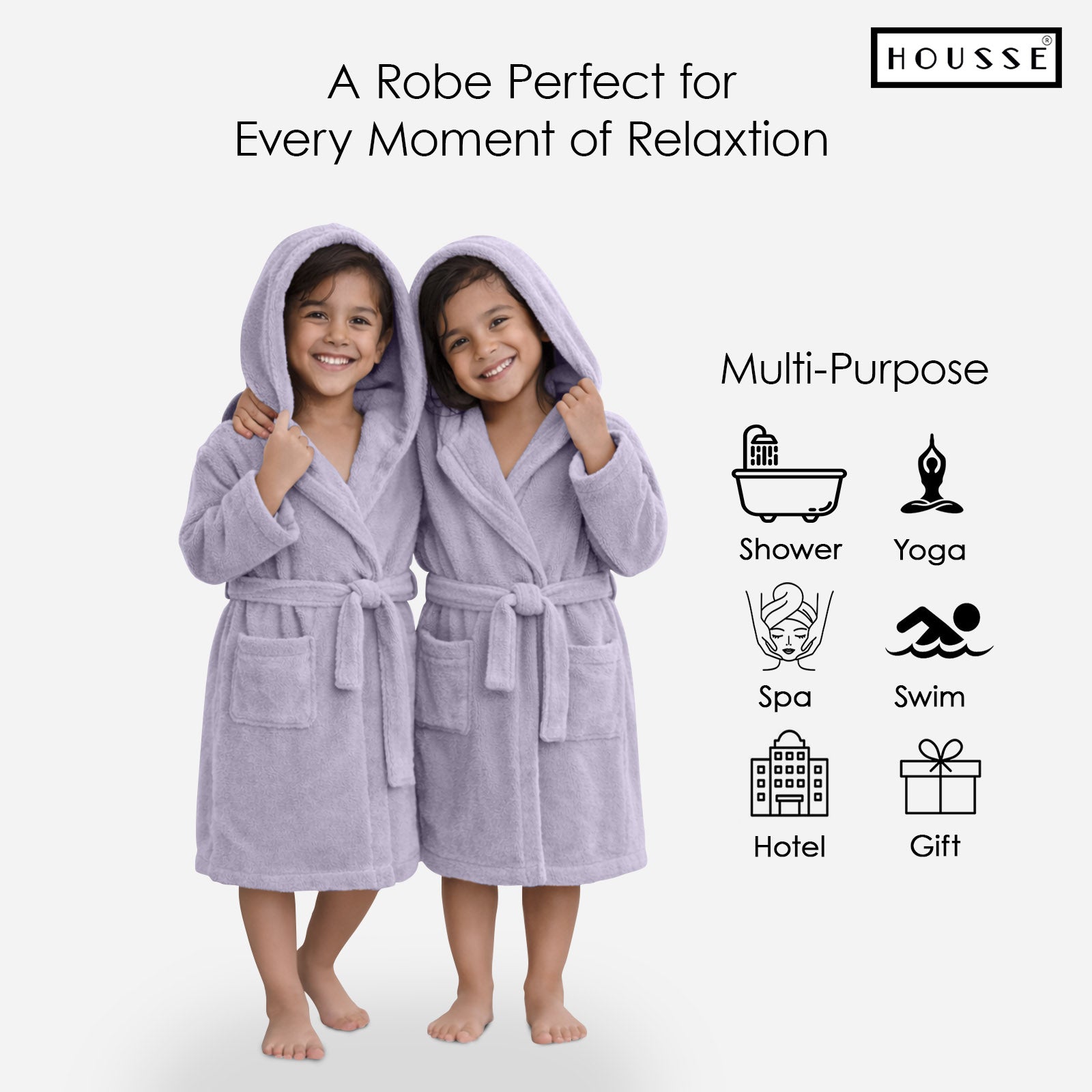 HOUSSE Bathrobe | 450 GSM Microfiber Solid Bathrobes for Kids | Solid Bathrobes, Highly Absorbent, Super Soft Bathrobe With Hoodie And Belt | Lightweight & Warm | 102 cm Long | Size-L | Pack of 1