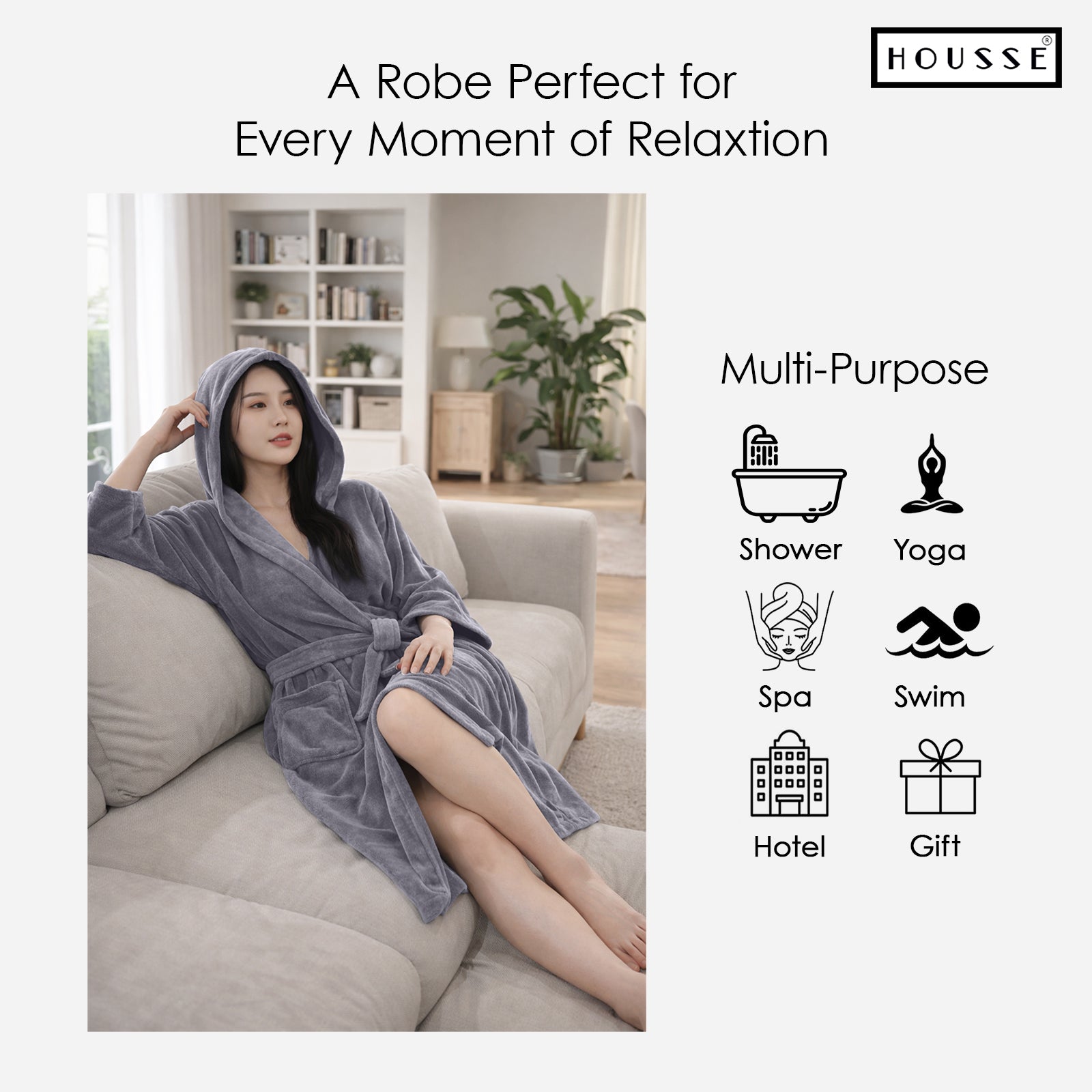HOUSSE Bathrobe | 450 GSM Microfiber Bathrobe For Women & Men | Super Soft Bathrobe With Hoodie And Belt | Highly Absorbent, Lightweight & Warm | 102 cm Long | Size-L | Pack of 1