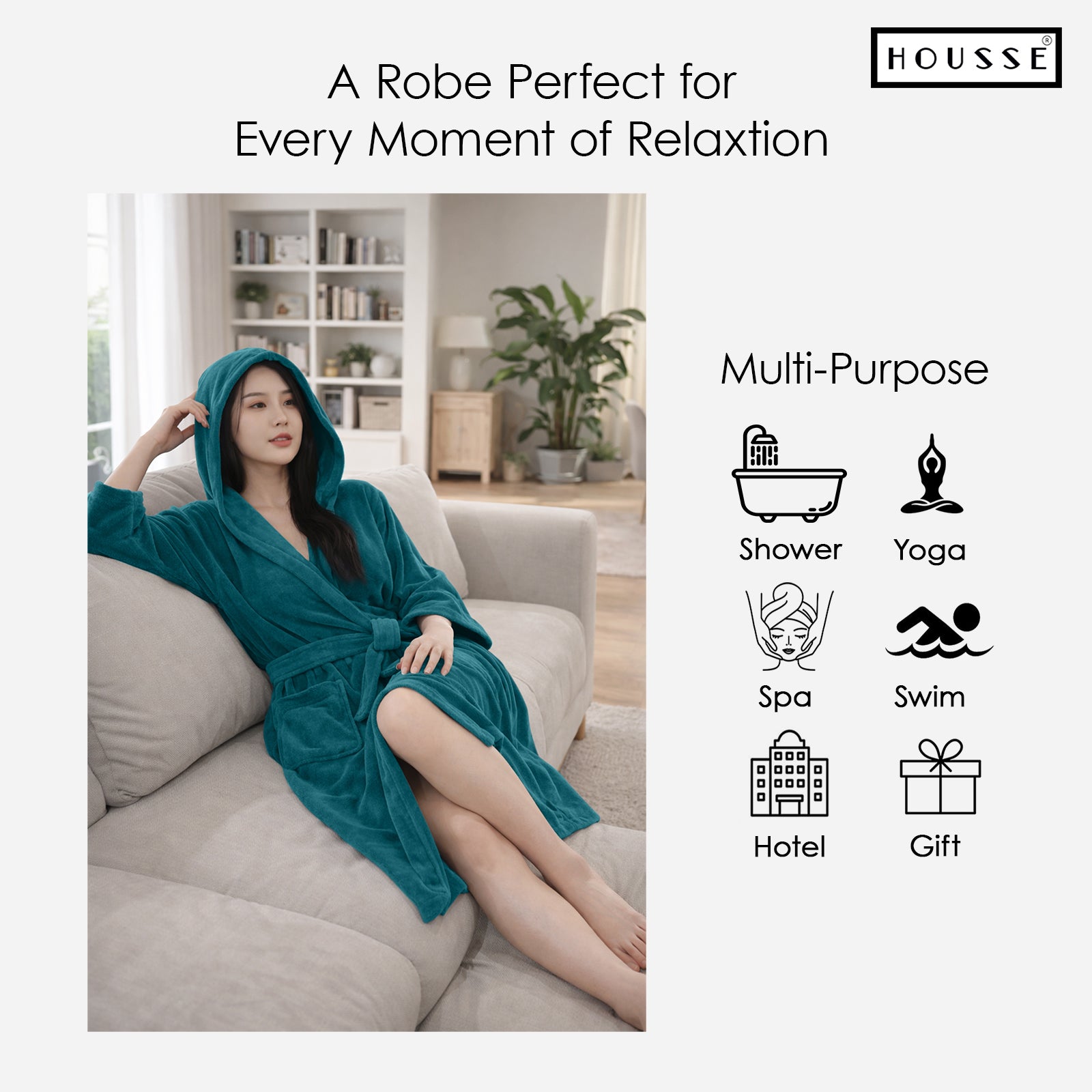 HOUSSE Bathrobe | 450 GSM Microfiber Bathrobe For Women & Men | Super Soft Bathrobe With Hoodie And Belt | Highly Absorbent, Lightweight & Warm | 102 cm Long | Size-L | Pack of 1