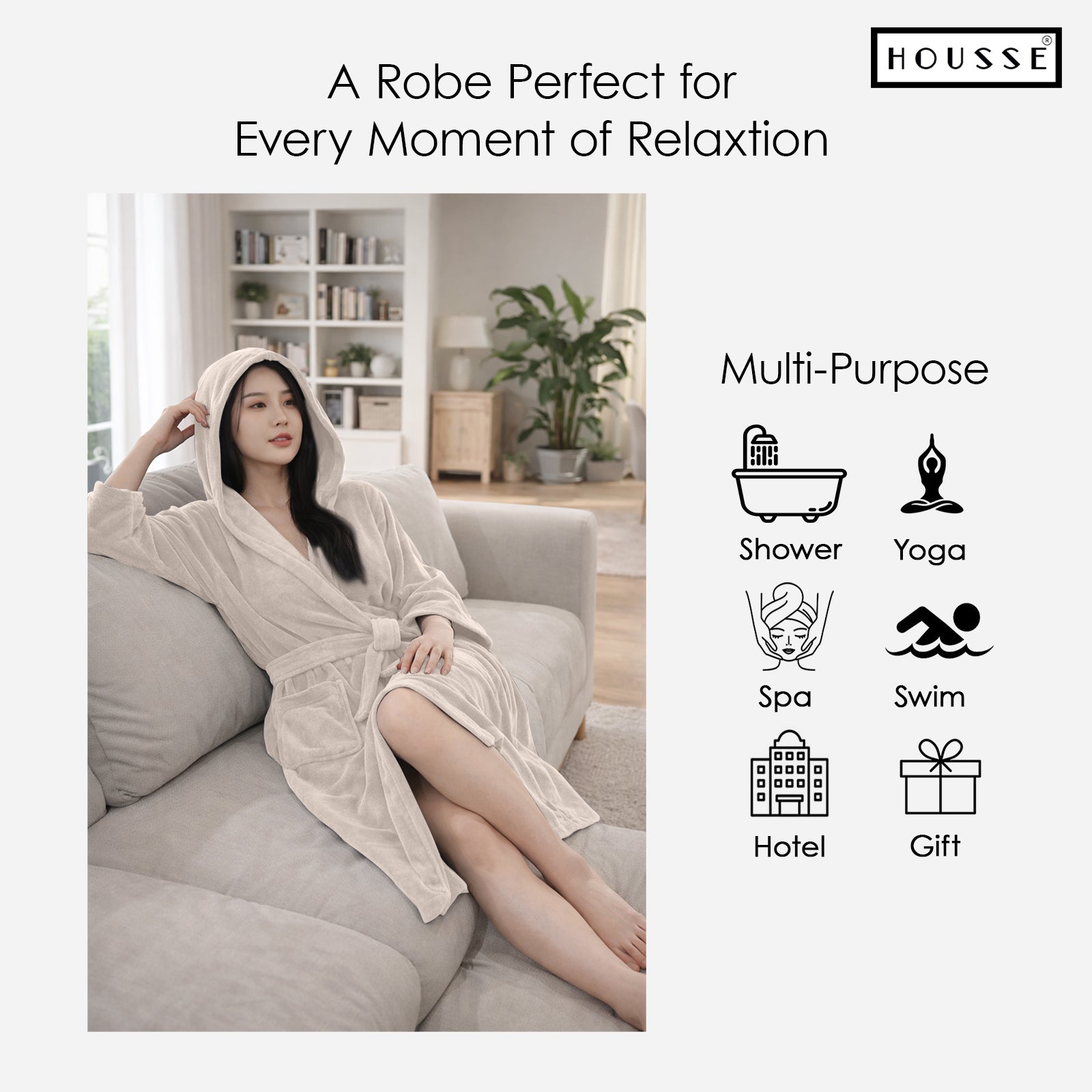 HOUSSE Bathrobe | 450 GSM Microfiber Bathrobe For Women & Men | Super Soft Bathrobe With Hoodie And Belt | Highly Absorbent, Lightweight & Warm | 102 cm Long | Size-L | Pack of 1