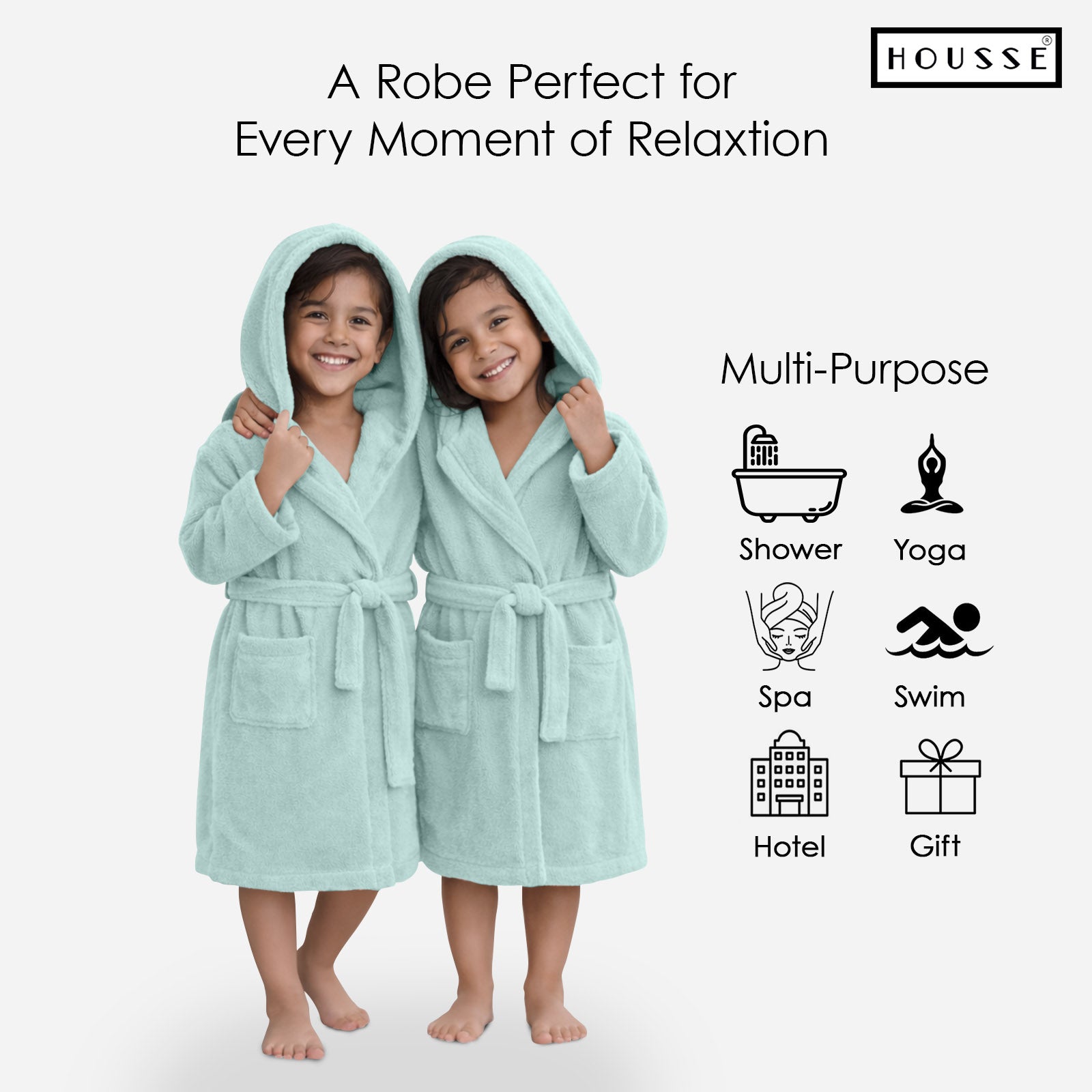 HOUSSE Bathrobe | 450 GSM Microfiber Solid Bathrobes for Kids | Solid Bathrobes, Highly Absorbent, Super Soft Bathrobe With Hoodie And Belt | Lightweight & Warm | 102 cm Long | Size-L | Pack of 1