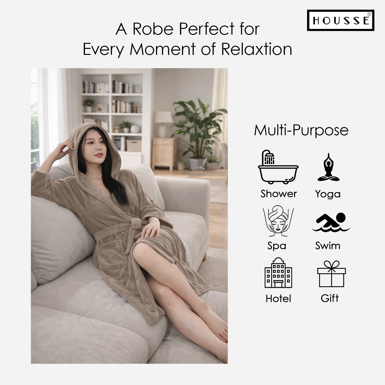 HOUSSE Bathrobe | 450 GSM Microfiber Bathrobe For Women & Men | Super Soft Bathrobe With Hoodie And Belt | Highly Absorbent, Lightweight & Warm | 102 cm Long | Size-L | Pack of 1