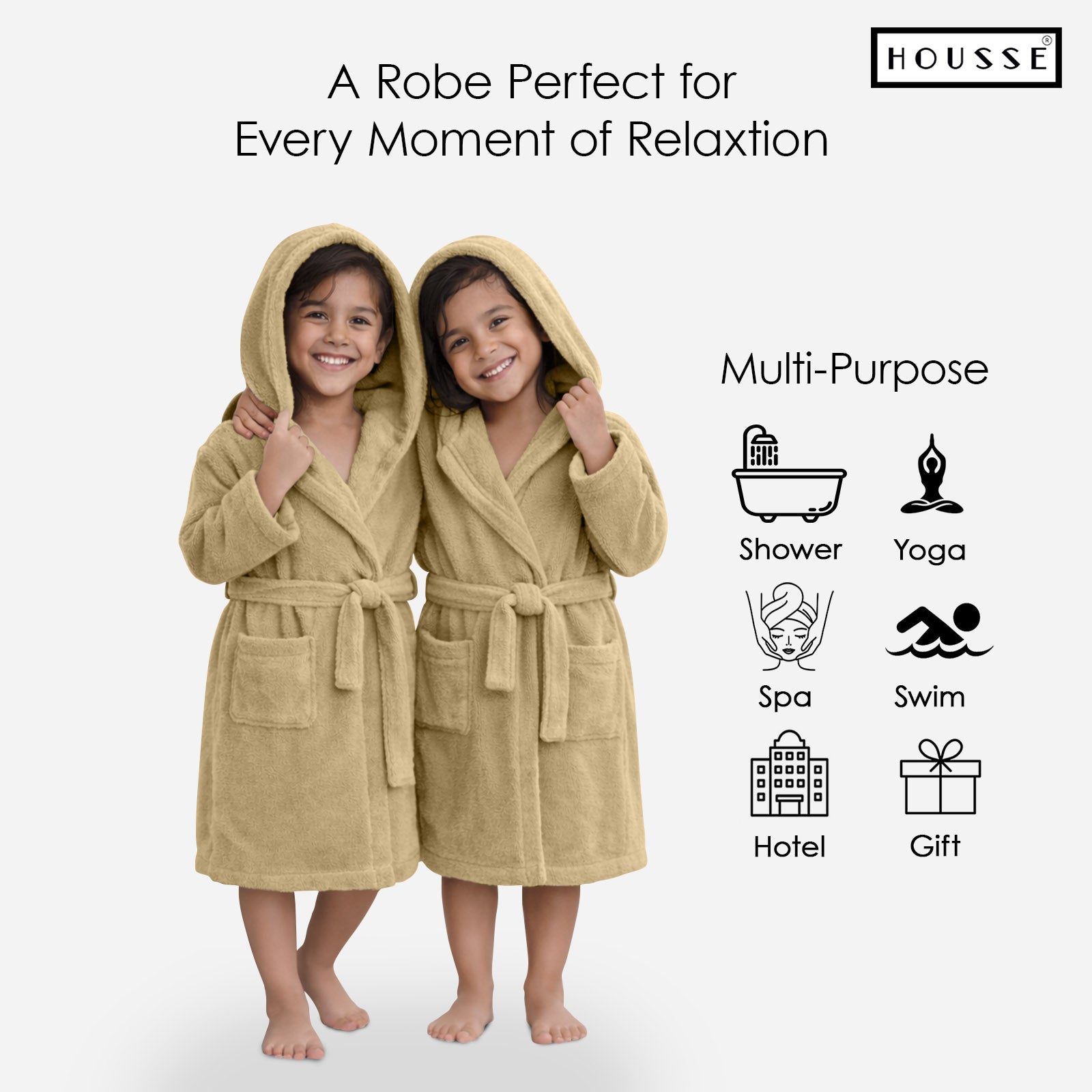 HOUSSE Bathrobe | 450 GSM Microfiber Solid Bathrobes for Kids | Solid Bathrobes, Highly Absorbent, Super Soft Bathrobe With Hoodie And Belt | Lightweight & Warm | 102 cm Long | Size-L | Pack of 1