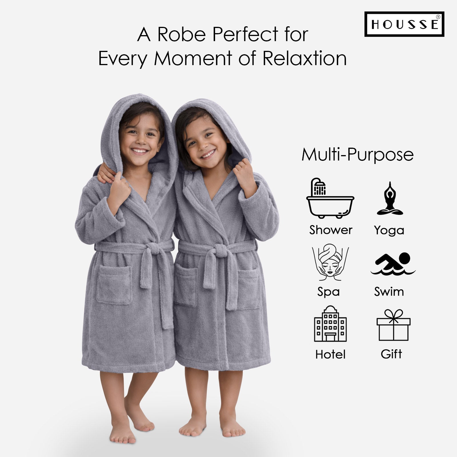 HOUSSE Bathrobe | 450 GSM Microfiber Solid Bathrobes for Kids | Solid Bathrobes, Highly Absorbent, Super Soft Bathrobe With Hoodie And Belt | Lightweight & Warm | 102 cm Long | Size-L | Pack of 1