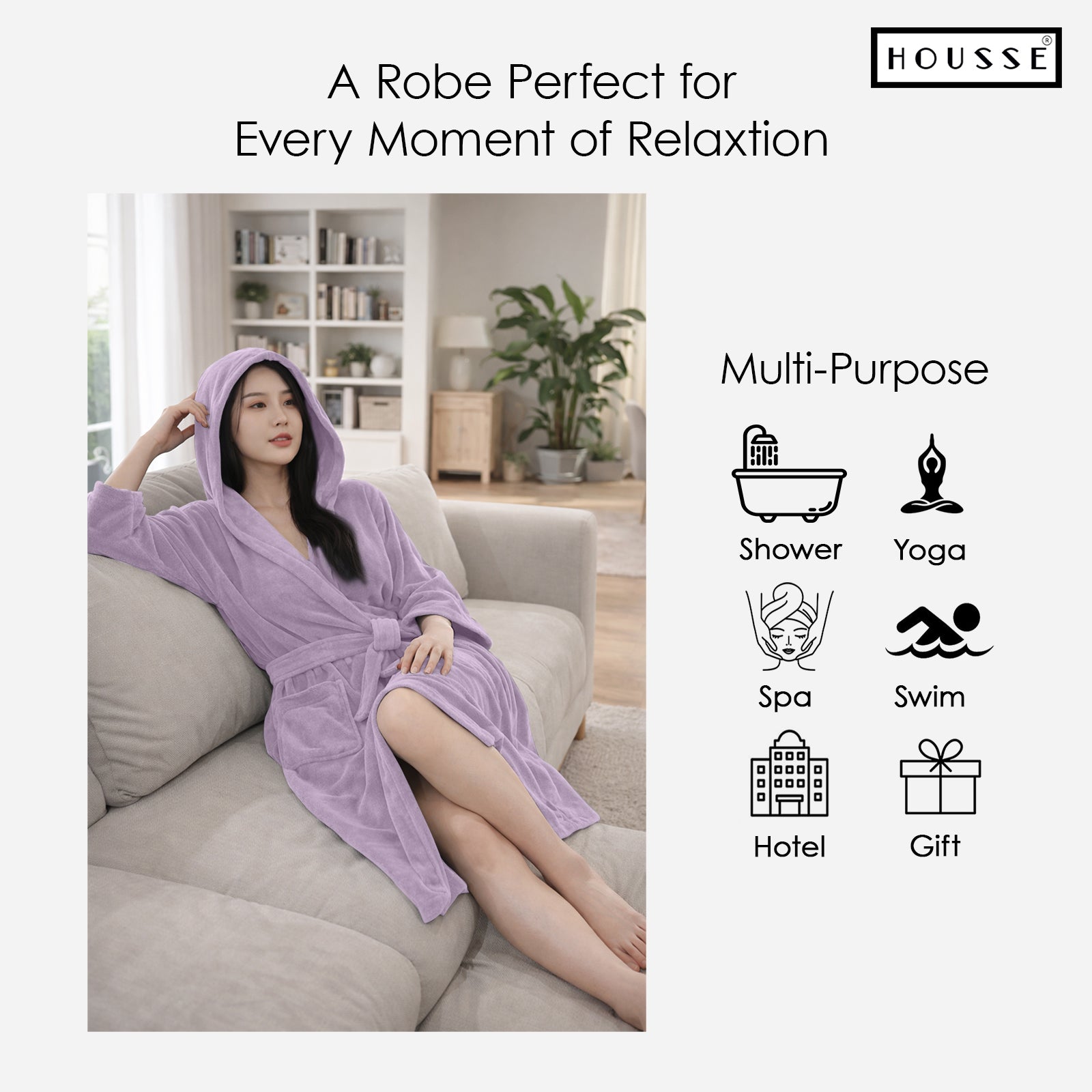 HOUSSE Bathrobe | 450 GSM Microfiber Bathrobe For Women & Men | Super Soft Bathrobe With Hoodie And Belt | Highly Absorbent, Lightweight & Warm | 102 cm Long | Size-L | Pack of 1