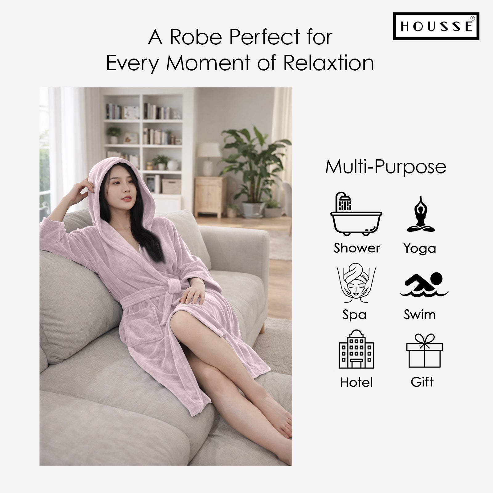 HOUSSE Bathrobe | 450 GSM Microfiber Bathrobe For Women & Men | Super Soft Bathrobe With Hoodie And Belt | Highly Absorbent, Lightweight & Warm | 102 cm Long | Size-L | Pack of 1