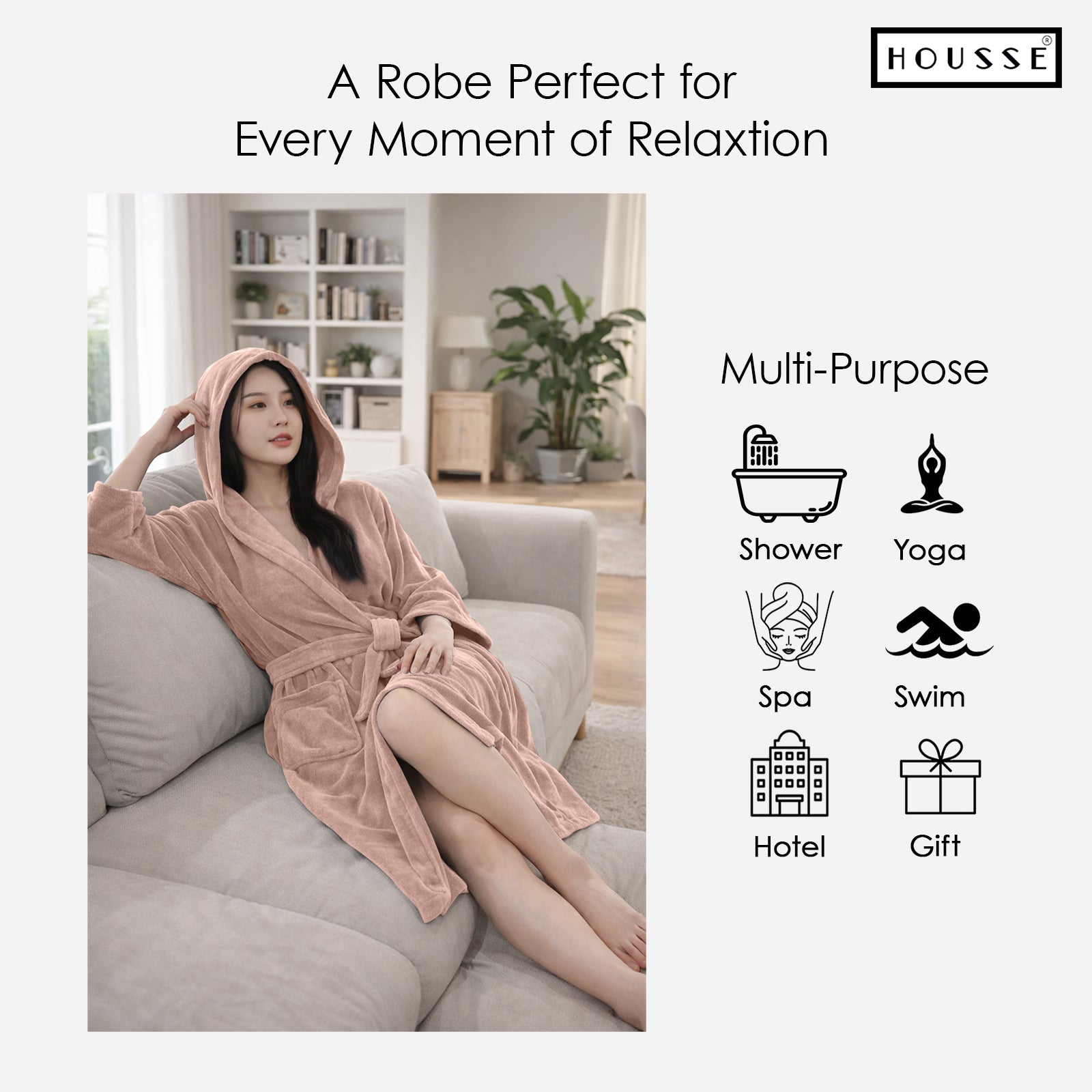 HOUSSE Bathrobe | 450 GSM Microfiber Bathrobe For Women & Men | Super Soft Bathrobe With Hoodie And Belt | Highly Absorbent, Lightweight & Warm | 102 cm Long | Size-L | Pack of 1