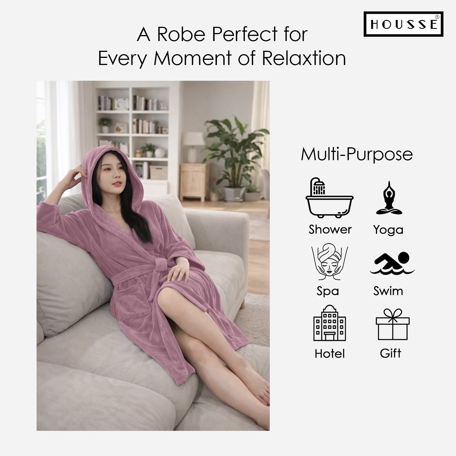 HOUSSE Bathrobe | 450 GSM Microfiber Bathrobe For Women & Men | Super Soft Bathrobe With Hoodie And Belt | Highly Absorbent, Lightweight & Warm | 102 cm Long | Size-L | Pack of 1