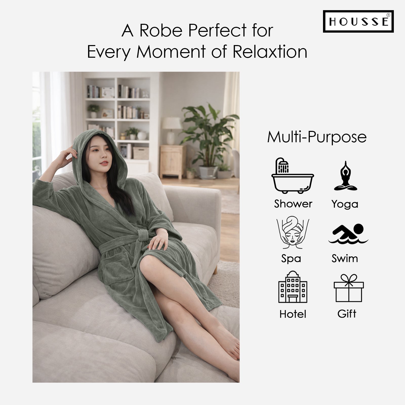 HOUSSE Bathrobe | 450 GSM Microfiber Bathrobe For Women & Men | Super Soft Bathrobe With Hoodie And Belt | Highly Absorbent, Lightweight & Warm | 102 cm Long | Size-L | Pack of 1