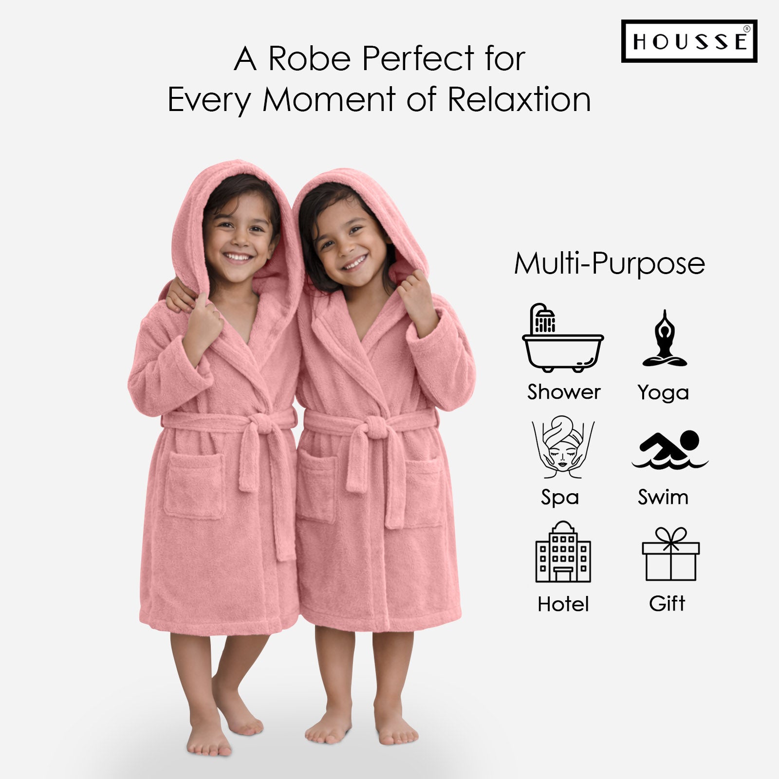 HOUSSE Bathrobe | 450 GSM Microfiber Solid Bathrobes for Kids | Solid Bathrobes, Highly Absorbent, Super Soft Bathrobe With Hoodie And Belt | Lightweight & Warm | 102 cm Long | Size-L | Pack of 1