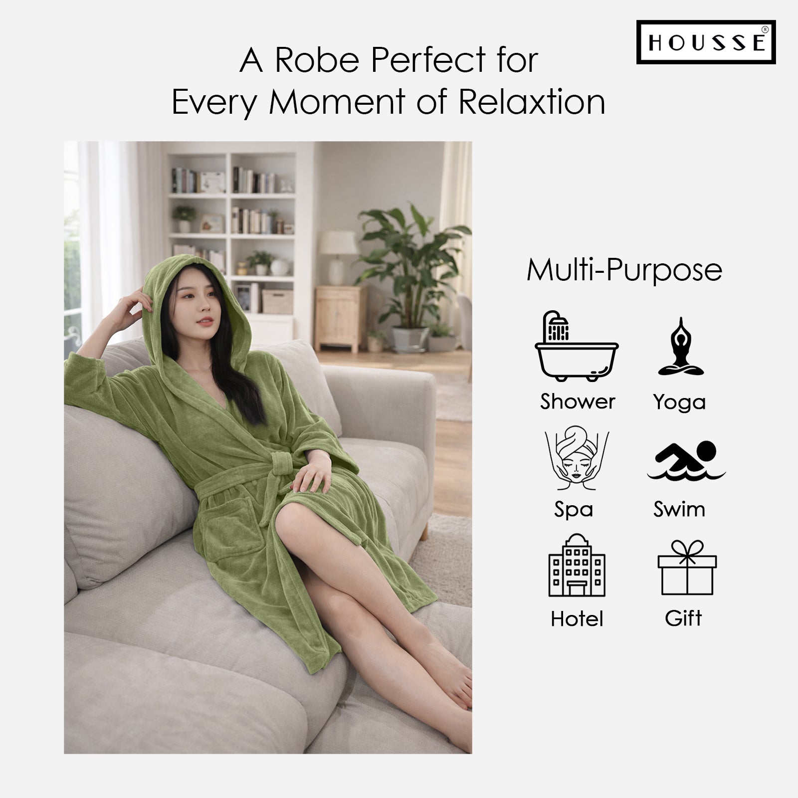 HOUSSE Bathrobe | 450 GSM Microfiber Bathrobe For Women & Men | Super Soft Bathrobe With Hoodie And Belt | Highly Absorbent, Lightweight & Warm | 102 cm Long | Size-L | Pack of 1
