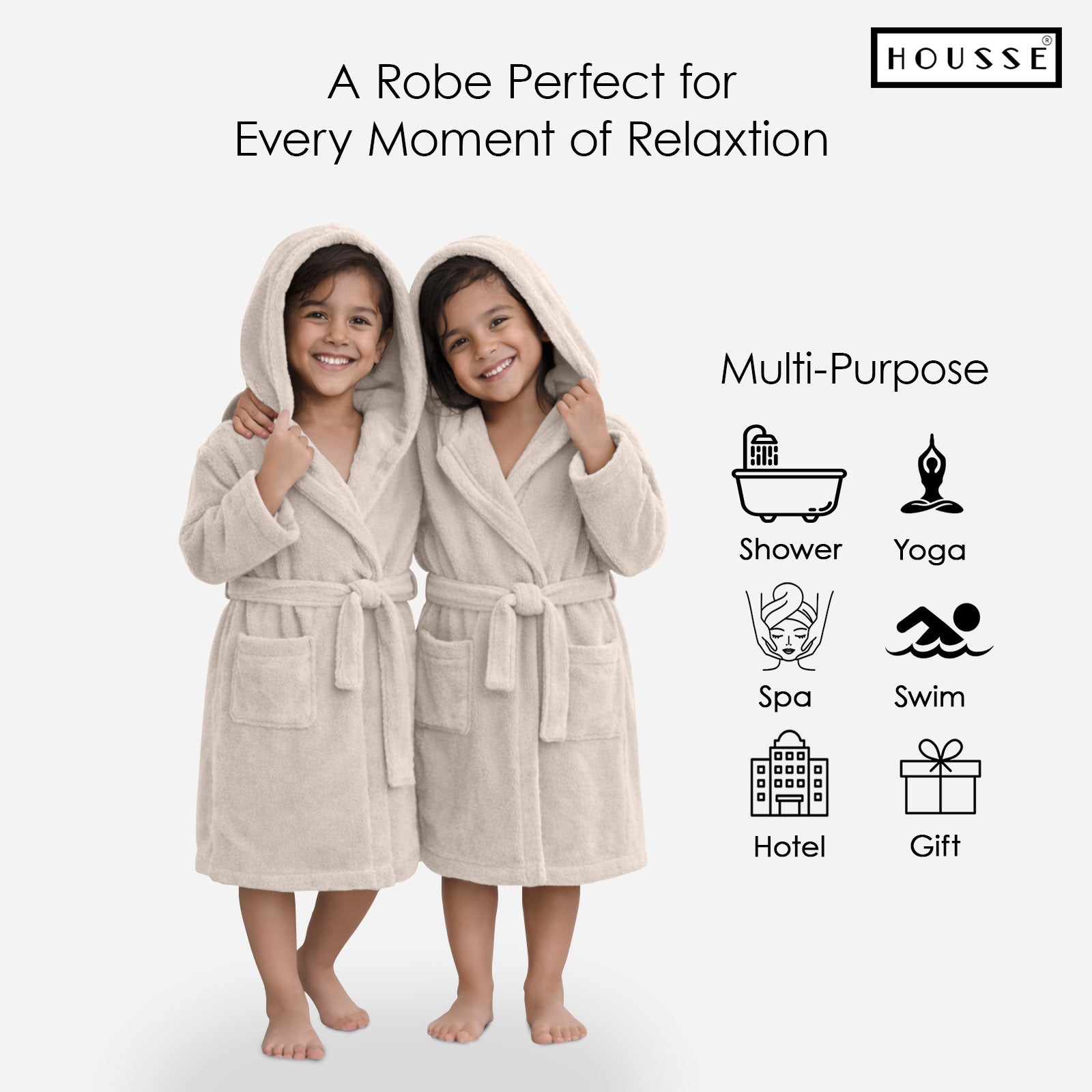 HOUSSE Bathrobe | 450 GSM Microfiber Solid Bathrobes for Kids | Solid Bathrobes, Highly Absorbent, Super Soft Bathrobe With Hoodie And Belt | Lightweight & Warm | 102 cm Long | Size-L | Pack of 1