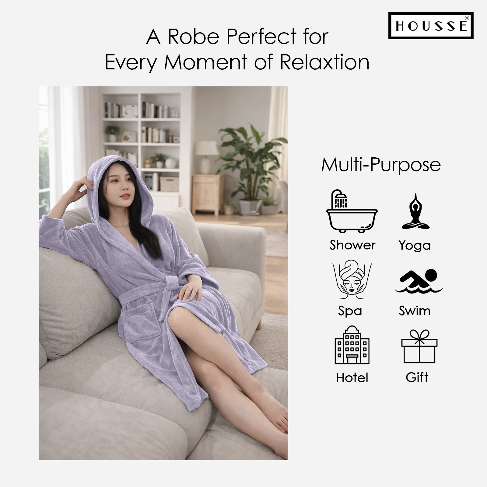 HOUSSE Bathrobe | 450 GSM Microfiber Bathrobe For Women & Men | Super Soft Bathrobe With Hoodie And Belt | Highly Absorbent, Lightweight & Warm | 102 cm Long | Size-L | Pack of 1