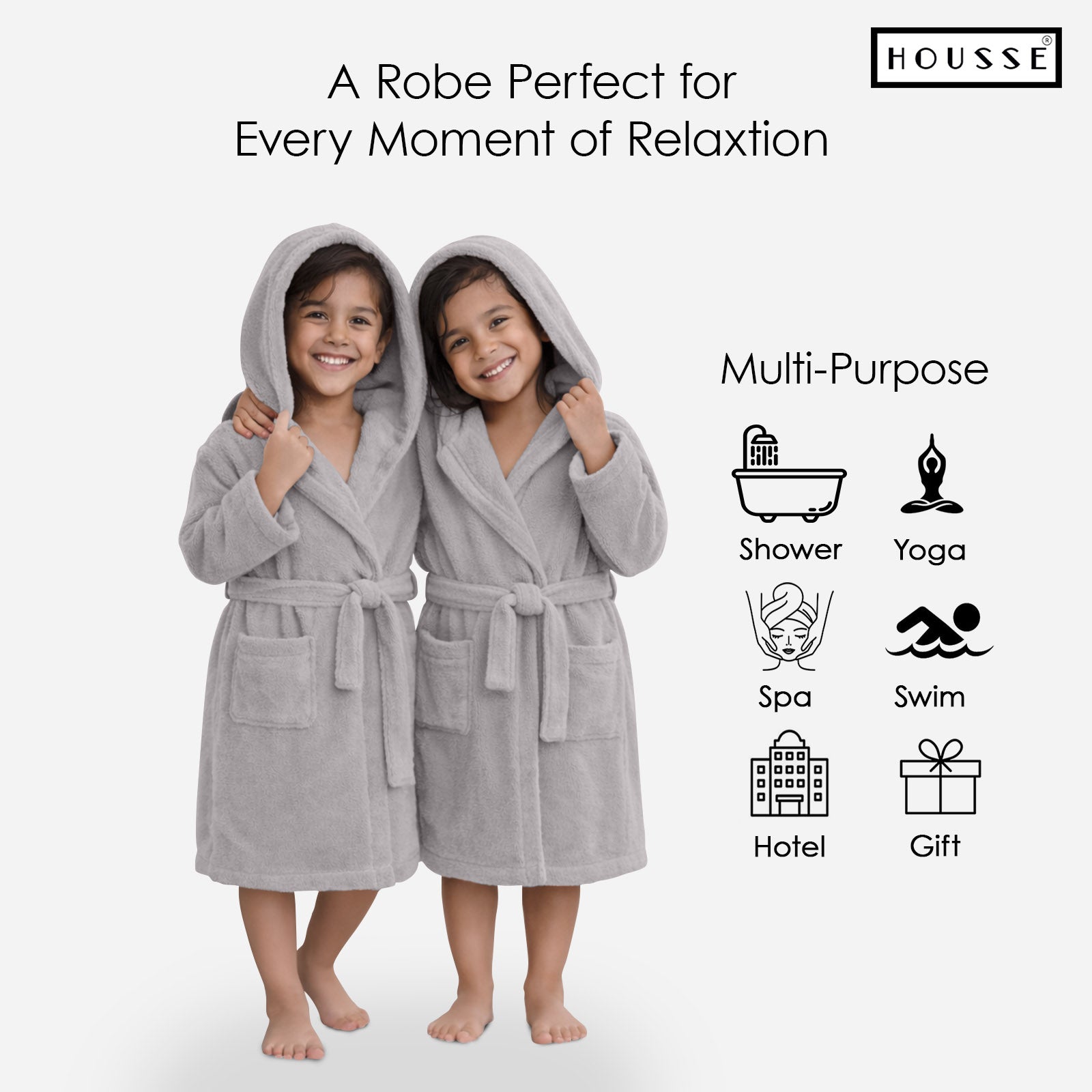 HOUSSE Bathrobe | 450 GSM Microfiber Solid Bathrobes for Kids | Solid Bathrobes, Highly Absorbent, Super Soft Bathrobe With Hoodie And Belt | Lightweight & Warm | 102 cm Long | Size-L | Pack of 1