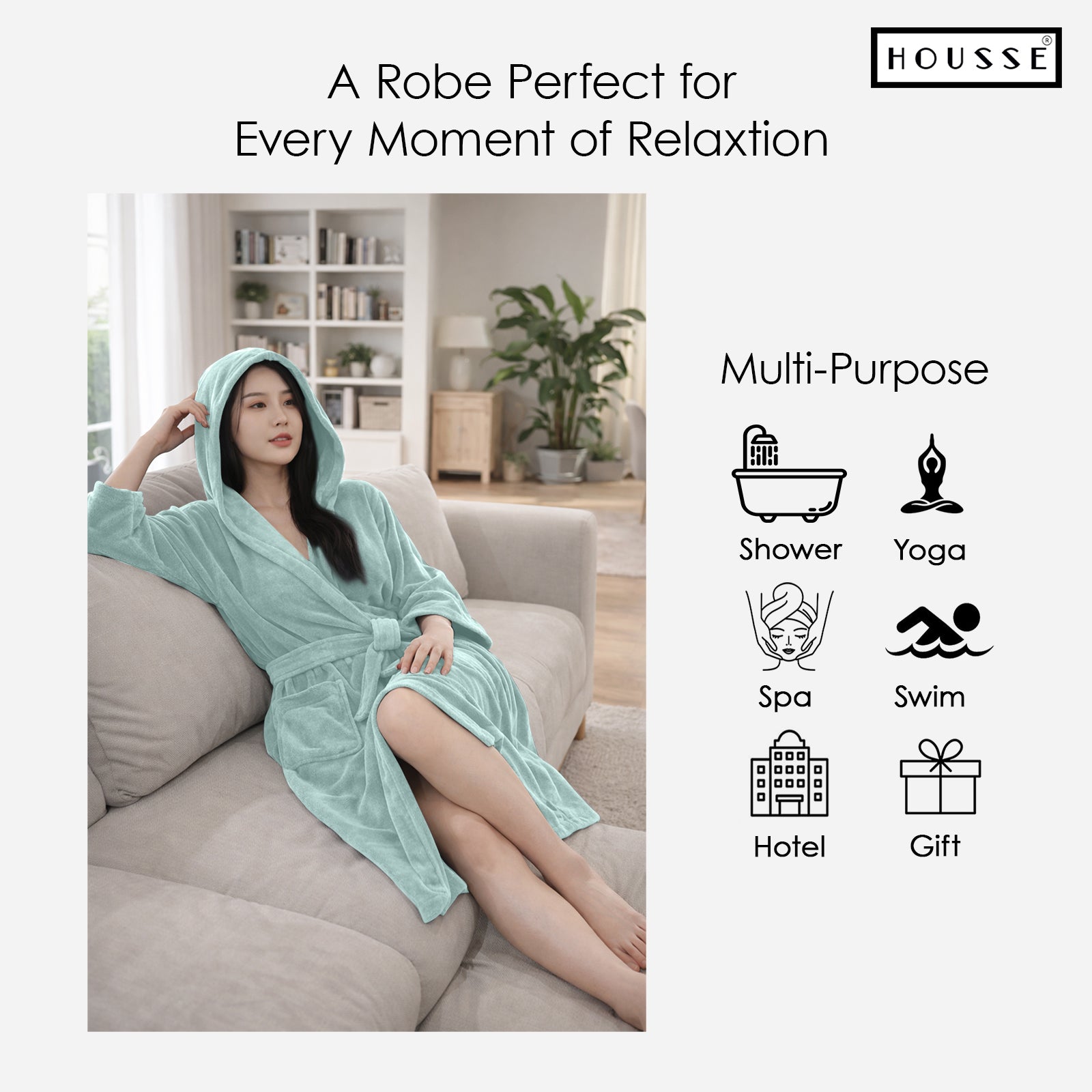 HOUSSE Bathrobe | 450 GSM Microfiber Bathrobe For Women & Men | Super Soft Bathrobe With Hoodie And Belt | Highly Absorbent, Lightweight & Warm | 102 cm Long | Size-L | Pack of 1