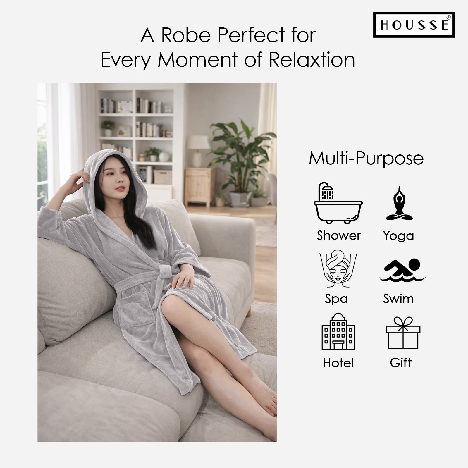 HOUSSE Bathrobe | 450 GSM Microfiber Bathrobe For Women & Men | Super Soft Bathrobe With Hoodie And Belt | Highly Absorbent, Lightweight & Warm | 102 cm Long | Size-L | Pack of 1
