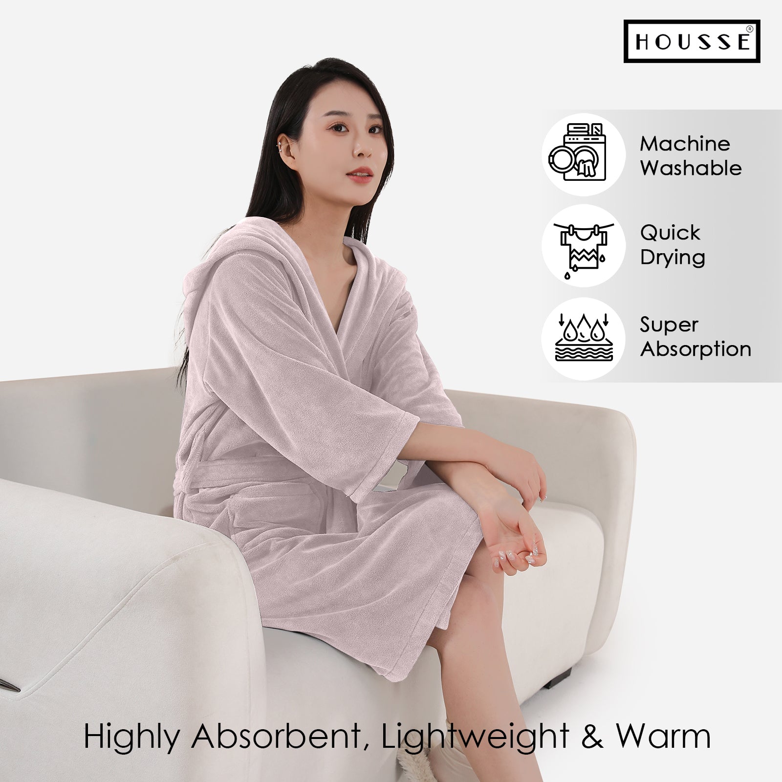 HOUSSE Bathrobe | 450 GSM Microfiber Bathrobe For Women & Men | Super Soft Bathrobe With Hoodie And Belt | Highly Absorbent, Lightweight & Warm | 102 cm Long | Size-L | Pack of 1
