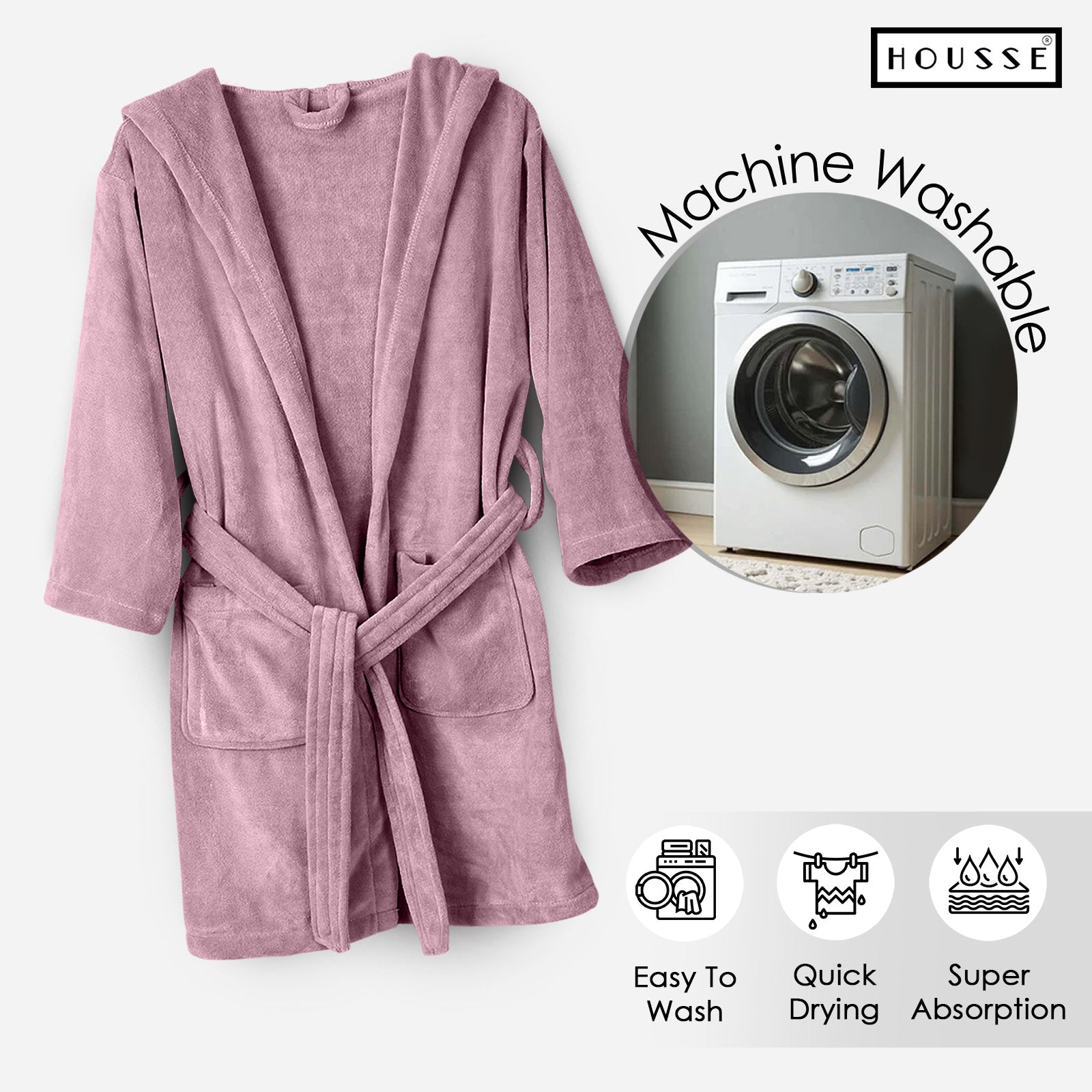 HOUSSE Bathrobe | 450 GSM Microfiber Solid Bathrobes for Kids | Solid Bathrobes, Highly Absorbent, Super Soft Bathrobe With Hoodie And Belt | Lightweight & Warm | 102 cm Long | Size-L | Pack of 1