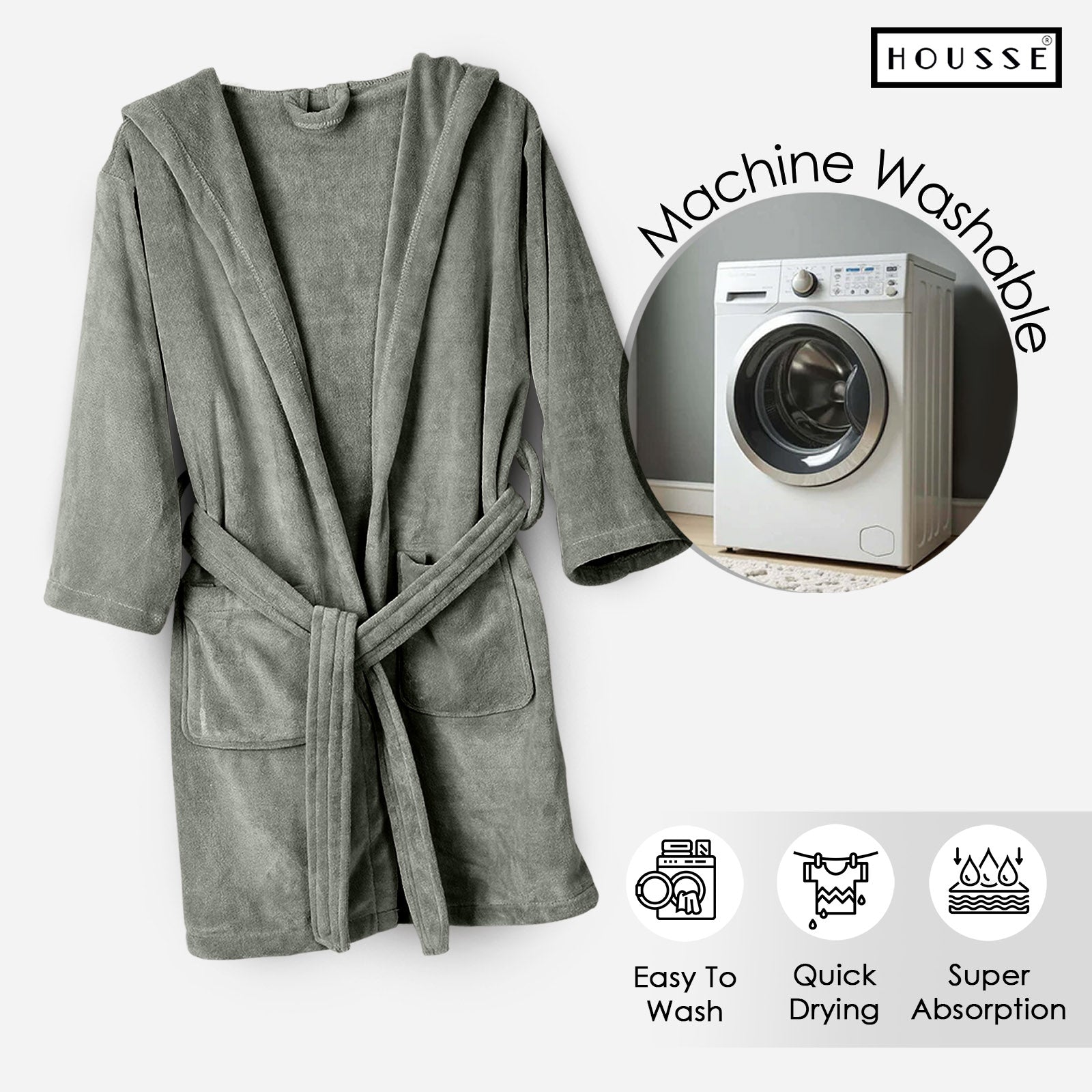 HOUSSE Bathrobe | 450 GSM Microfiber Solid Bathrobes for Kids | Solid Bathrobes, Highly Absorbent, Super Soft Bathrobe With Hoodie And Belt | Lightweight & Warm | 102 cm Long | Size-L | Pack of 1