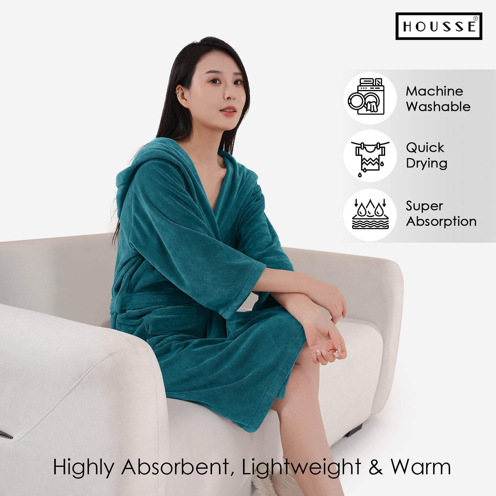 HOUSSE Bathrobe | 450 GSM Microfiber Bathrobe For Women & Men | Super Soft Bathrobe With Hoodie And Belt | Highly Absorbent, Lightweight & Warm | 102 cm Long | Size-L | Pack of 1