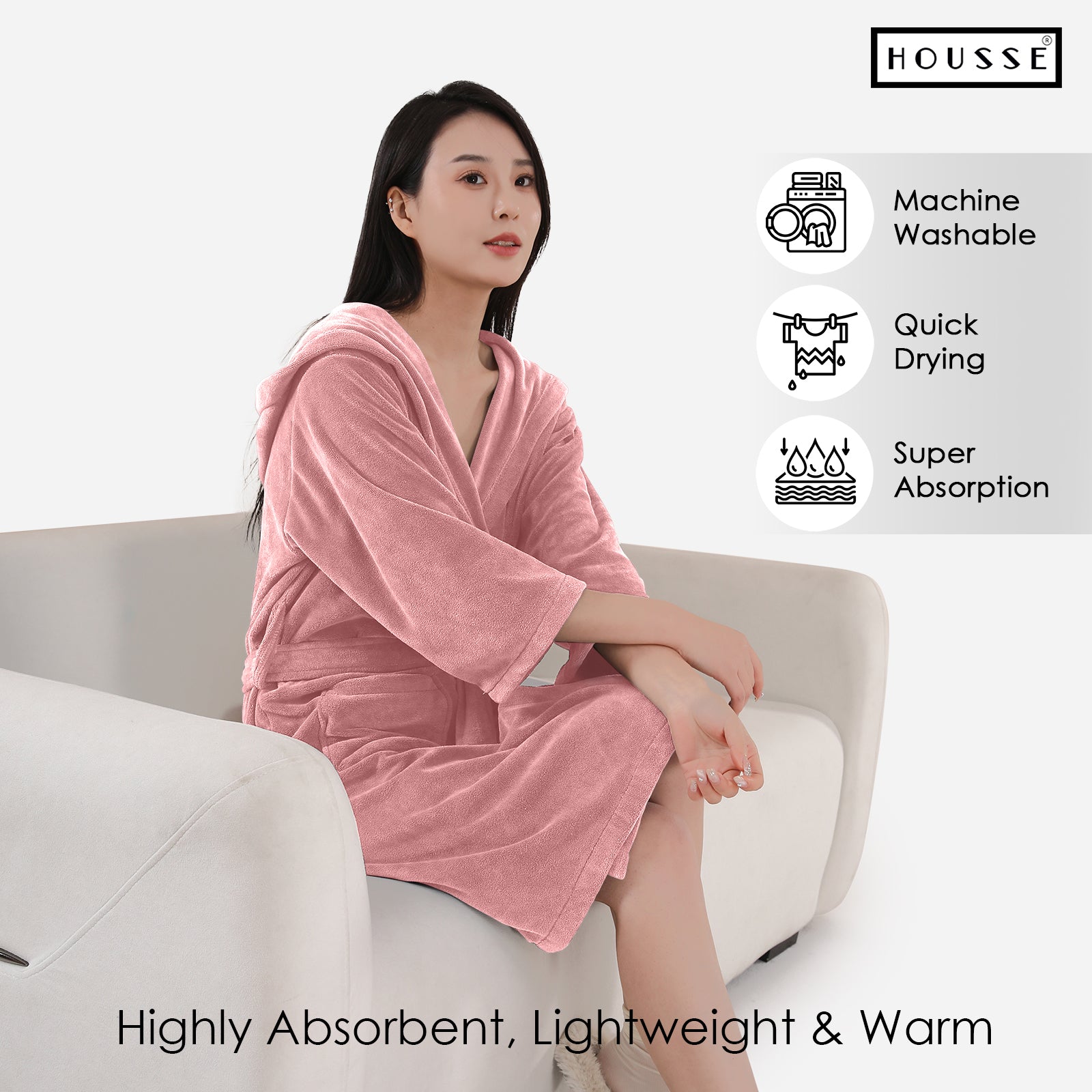 HOUSSE Bathrobe | 450 GSM Microfiber Bathrobe For Women & Men | Super Soft Bathrobe With Hoodie And Belt | Highly Absorbent, Lightweight & Warm | 102 cm Long | Size-L | Pack of 1