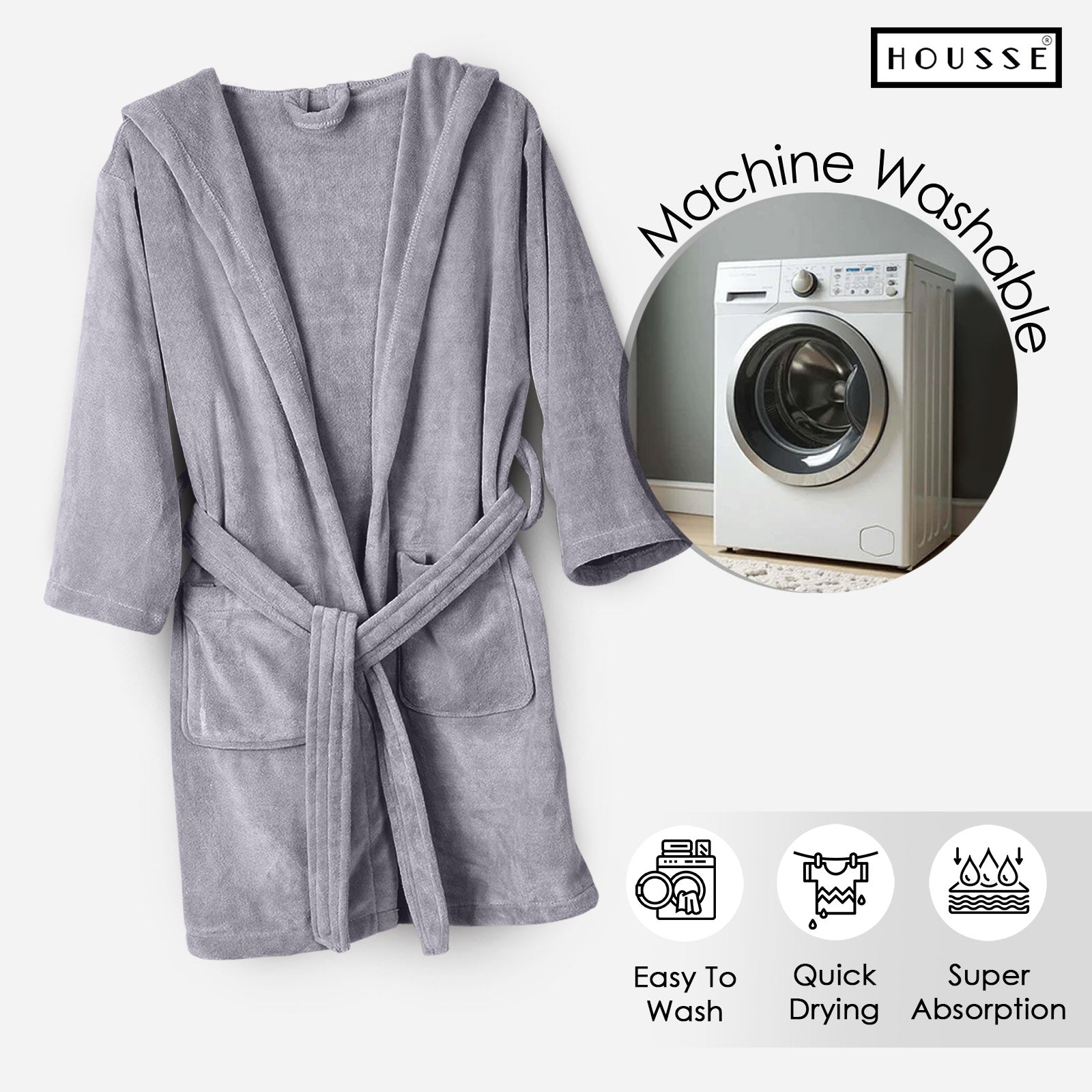 HOUSSE Bathrobe | 450 GSM Microfiber Solid Bathrobes for Kids | Solid Bathrobes, Highly Absorbent, Super Soft Bathrobe With Hoodie And Belt | Lightweight & Warm | 102 cm Long | Size-L | Pack of 1