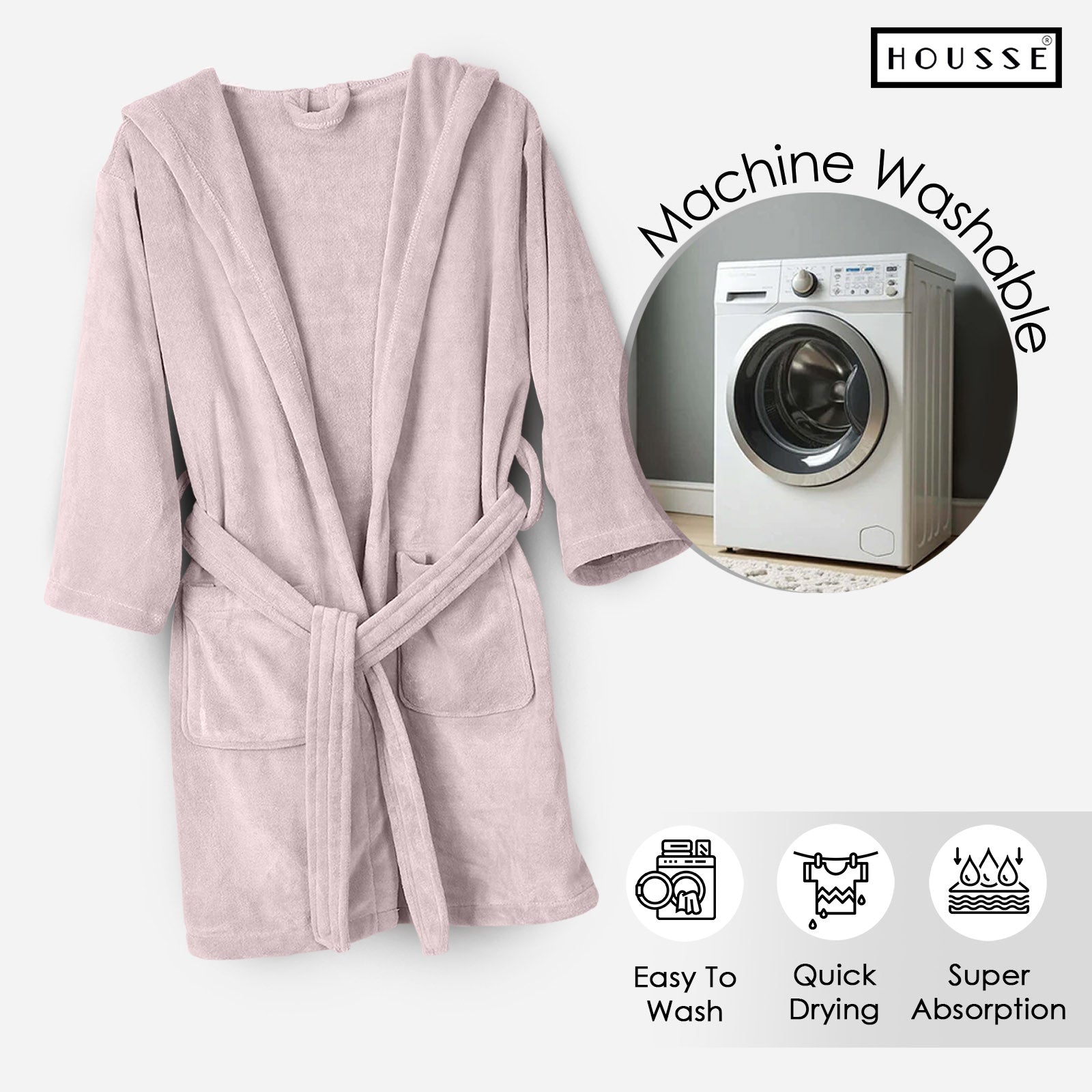 HOUSSE Bathrobe | 450 GSM Microfiber Solid Bathrobes for Kids | Solid Bathrobes, Highly Absorbent, Super Soft Bathrobe With Hoodie And Belt | Lightweight & Warm | 102 cm Long | Size-L | Pack of 1