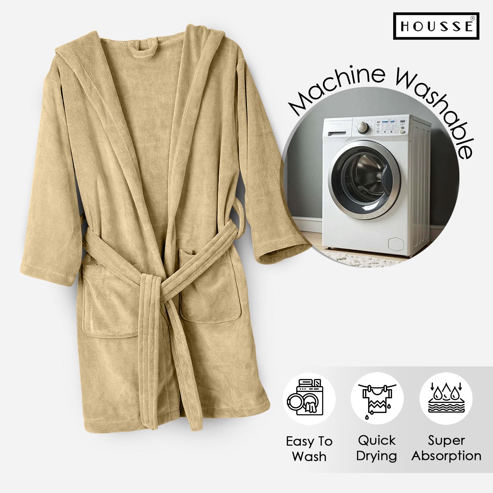 HOUSSE Bathrobe | 450 GSM Microfiber Solid Bathrobes for Kids | Solid Bathrobes, Highly Absorbent, Super Soft Bathrobe With Hoodie And Belt | Lightweight & Warm | 102 cm Long | Size-L | Pack of 1