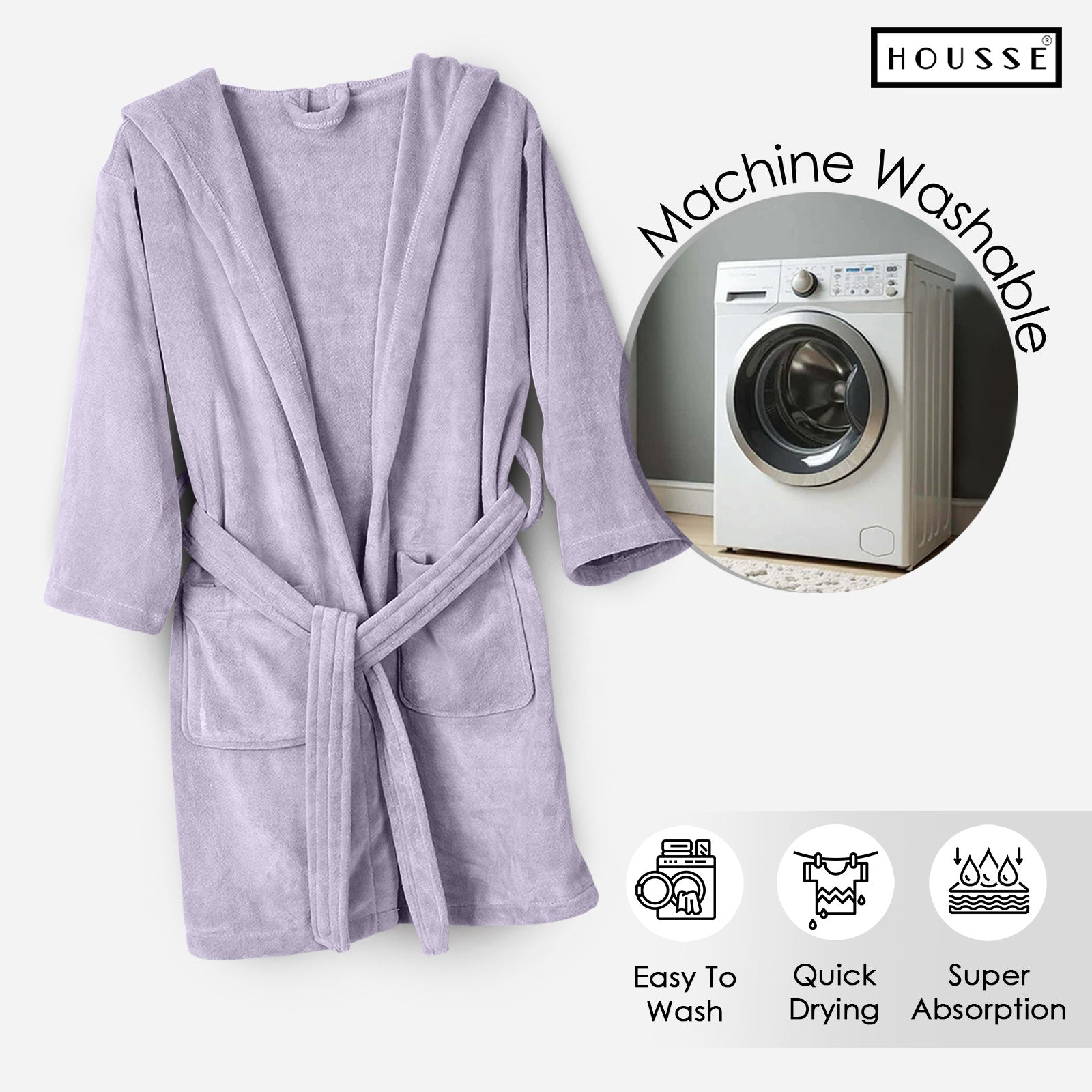 HOUSSE Bathrobe | 450 GSM Microfiber Solid Bathrobes for Kids | Solid Bathrobes, Highly Absorbent, Super Soft Bathrobe With Hoodie And Belt | Lightweight & Warm | 102 cm Long | Size-L | Pack of 1