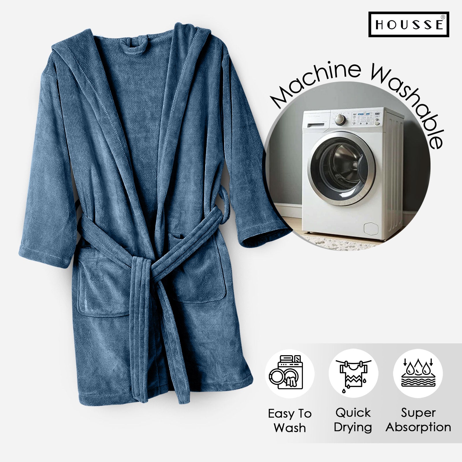 HOUSSE Bathrobe | 450 GSM Microfiber Solid Bathrobes for Kids | Solid Bathrobes, Highly Absorbent, Super Soft Bathrobe With Hoodie And Belt | Lightweight & Warm | 102 cm Long | Size-L | Pack of 1
