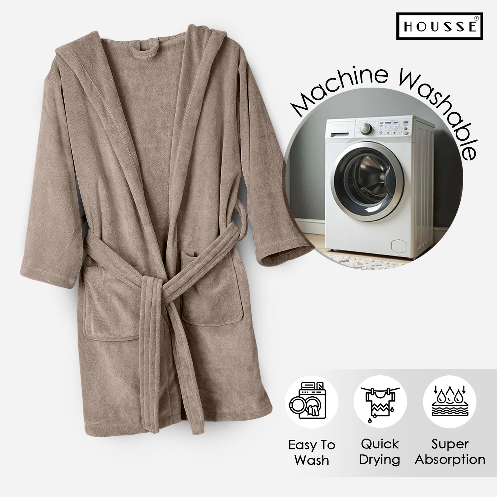 HOUSSE Bathrobe | 450 GSM Microfiber Solid Bathrobes for Kids | Solid Bathrobes, Highly Absorbent, Super Soft Bathrobe With Hoodie And Belt | Lightweight & Warm | 102 cm Long | Size-L | Pack of 1