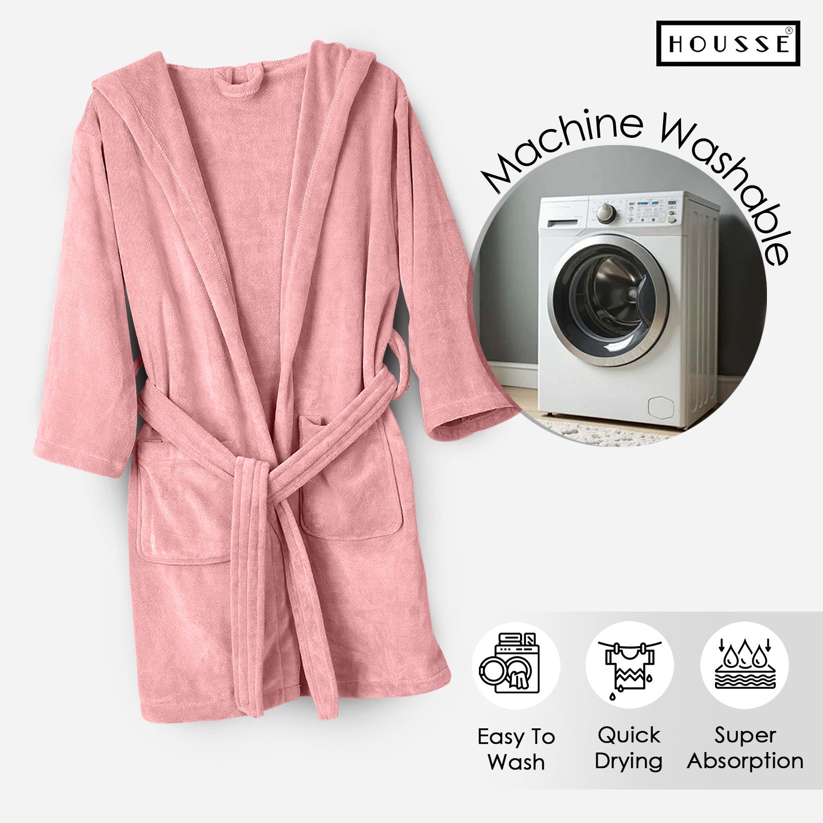 HOUSSE Bathrobe | 450 GSM Microfiber Solid Bathrobes for Kids | Solid Bathrobes, Highly Absorbent, Super Soft Bathrobe With Hoodie And Belt | Lightweight & Warm | 102 cm Long | Size-L | Pack of 1