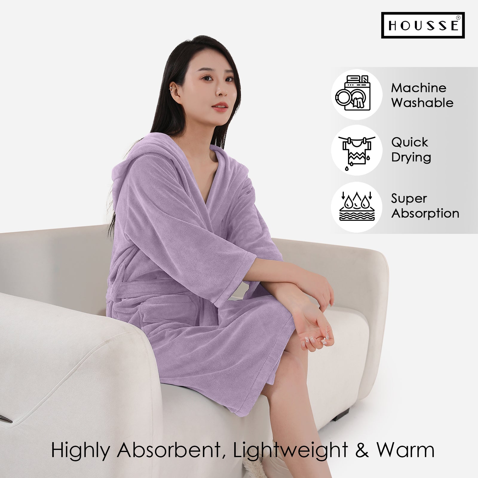 HOUSSE Bathrobe | 450 GSM Microfiber Bathrobe For Women & Men | Super Soft Bathrobe With Hoodie And Belt | Highly Absorbent, Lightweight & Warm | 102 cm Long | Size-L | Pack of 1