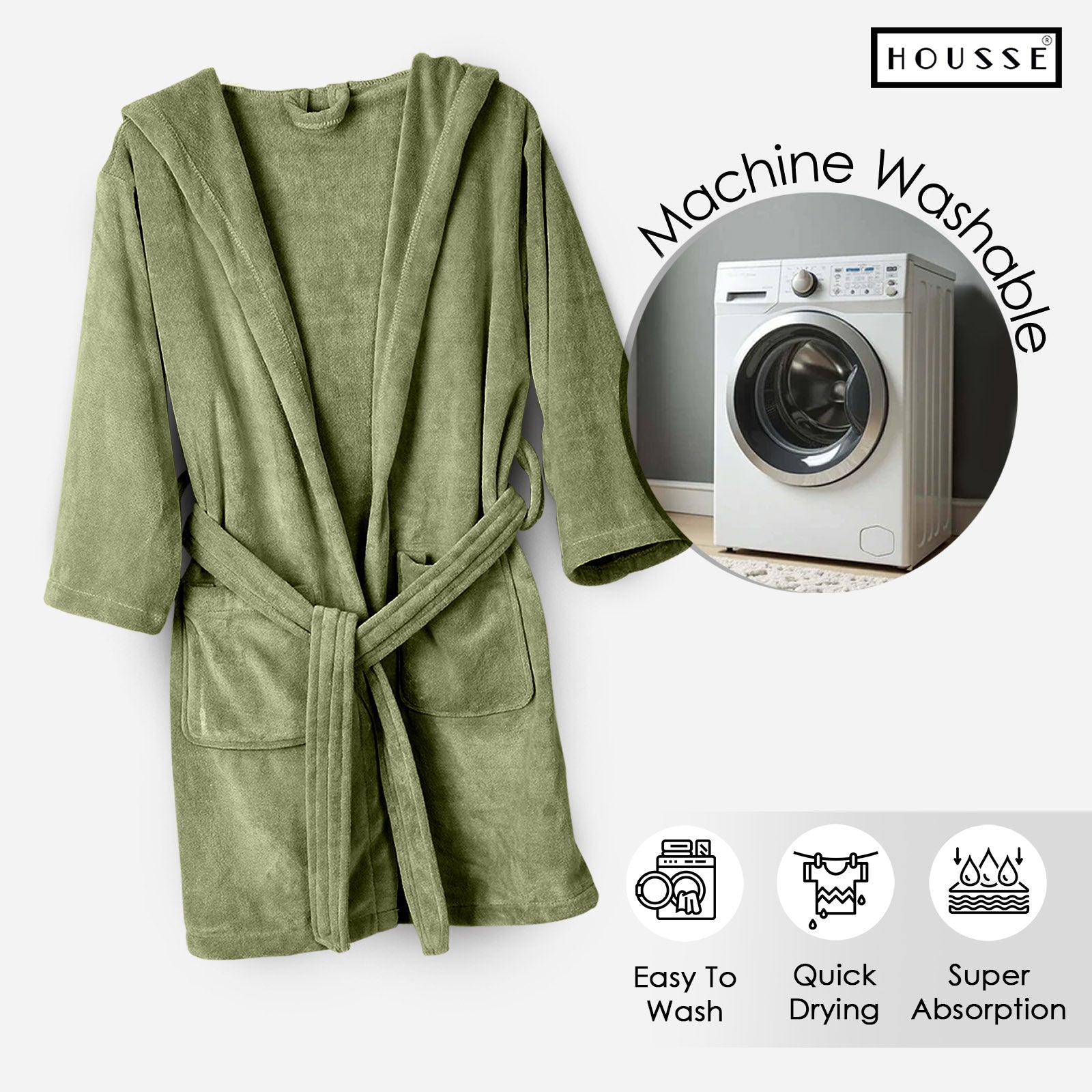 HOUSSE Bathrobe | 450 GSM Microfiber Solid Bathrobes for Kids | Solid Bathrobes, Highly Absorbent, Super Soft Bathrobe With Hoodie And Belt | Lightweight & Warm | 102 cm Long | Size-L | Pack of 1