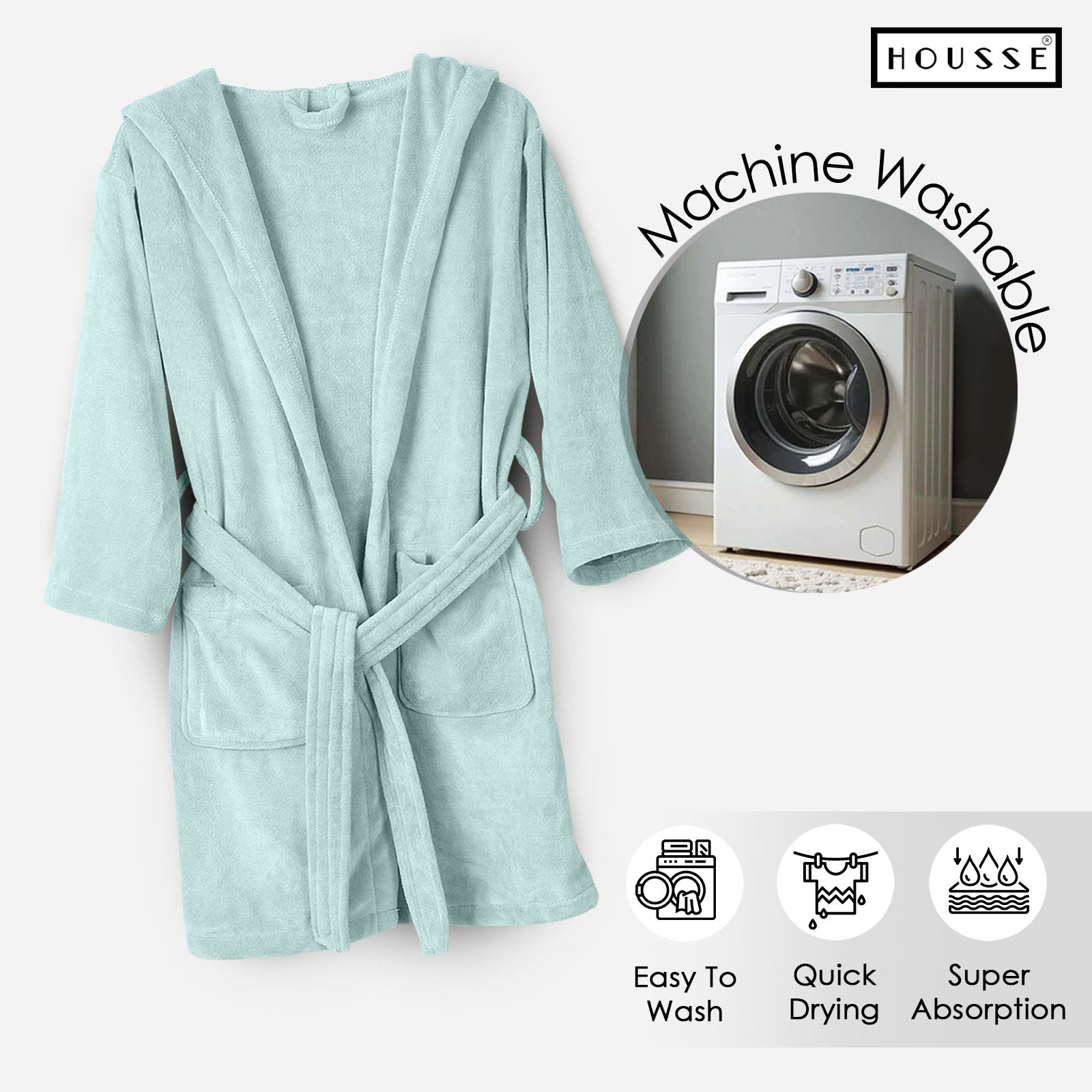 HOUSSE Bathrobe | 450 GSM Microfiber Solid Bathrobes for Kids | Solid Bathrobes, Highly Absorbent, Super Soft Bathrobe With Hoodie And Belt | Lightweight & Warm | 102 cm Long | Size-L | Pack of 1
