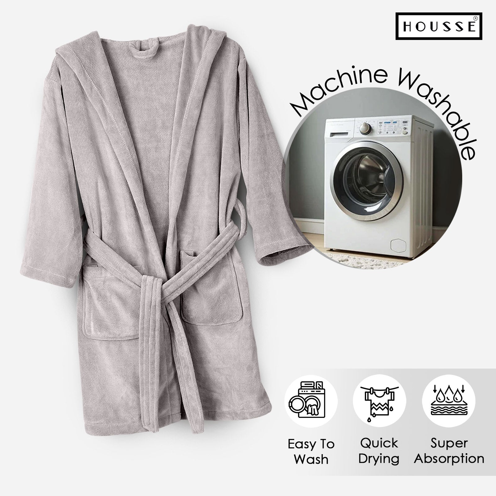HOUSSE Bathrobe | 450 GSM Microfiber Solid Bathrobes for Kids | Solid Bathrobes, Highly Absorbent, Super Soft Bathrobe With Hoodie And Belt | Lightweight & Warm | 102 cm Long | Size-L | Pack of 1
