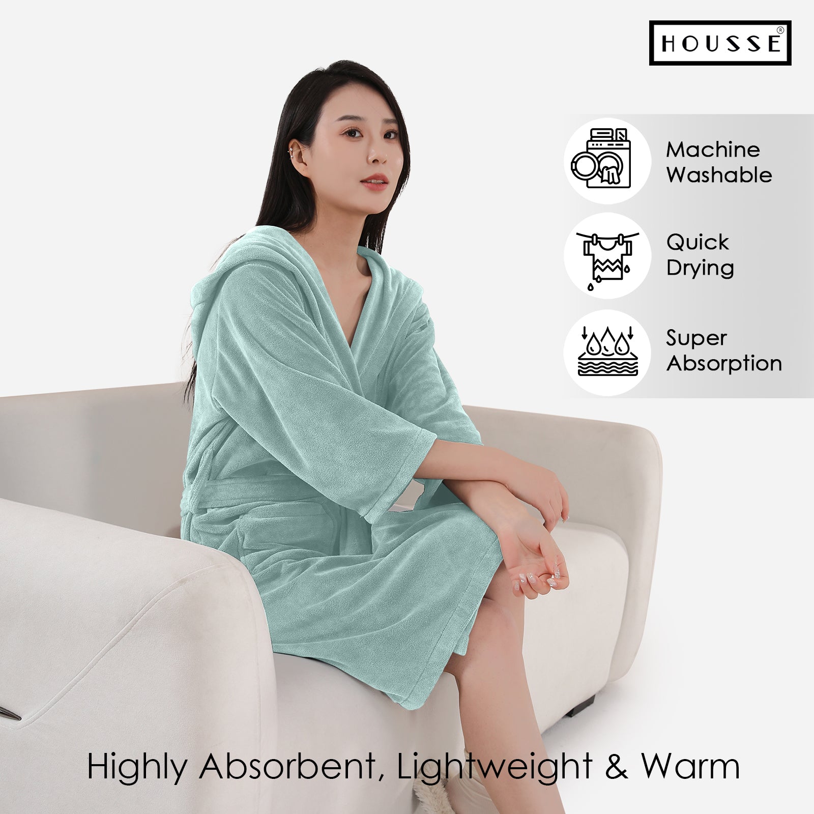 HOUSSE Bathrobe | 450 GSM Microfiber Bathrobe For Women & Men | Super Soft Bathrobe With Hoodie And Belt | Highly Absorbent, Lightweight & Warm | 102 cm Long | Size-L | Pack of 1