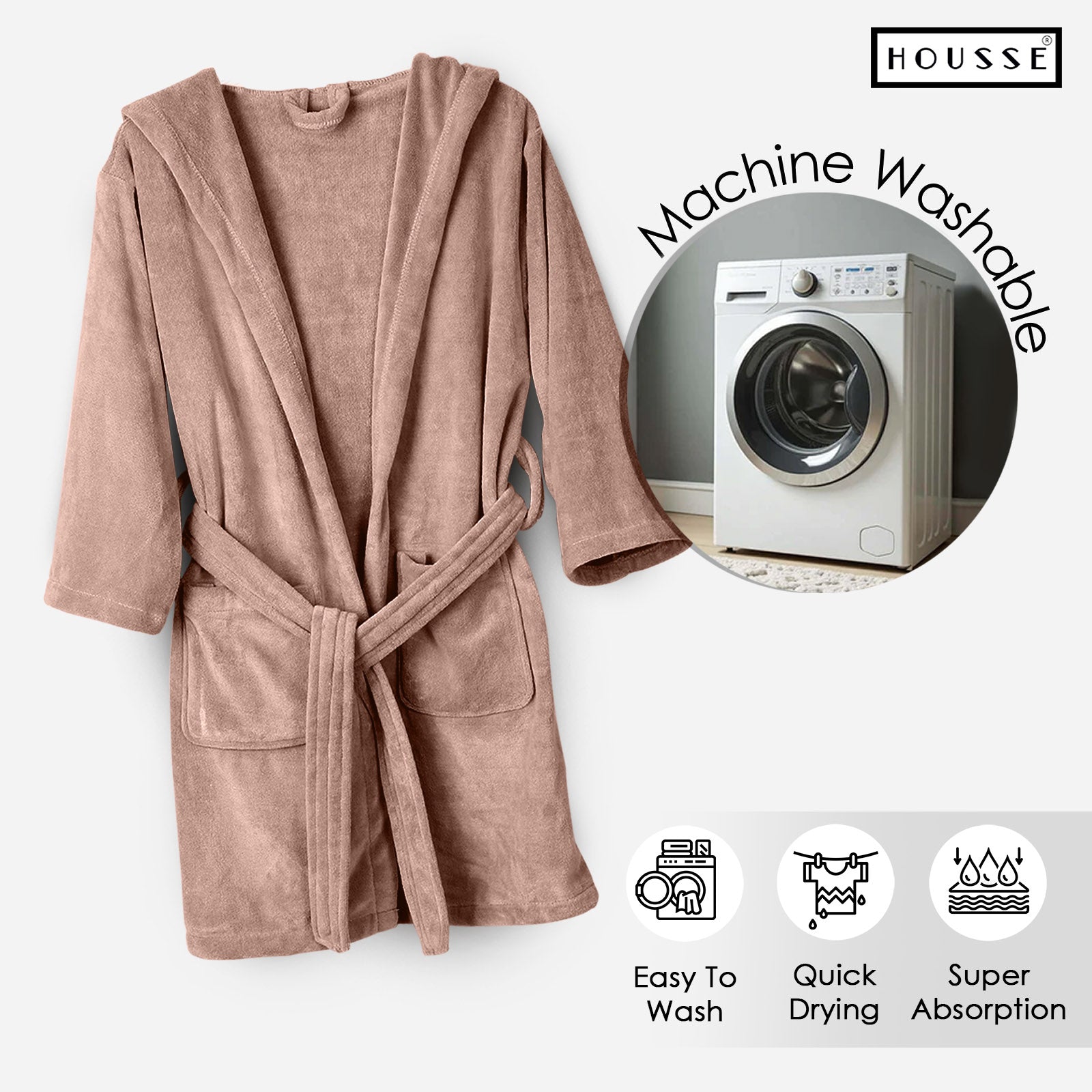 HOUSSE Bathrobe | 450 GSM Microfiber Solid Bathrobes for Kids | Solid Bathrobes, Highly Absorbent, Super Soft Bathrobe With Hoodie And Belt | Lightweight & Warm | 102 cm Long | Size-L | Pack of 1