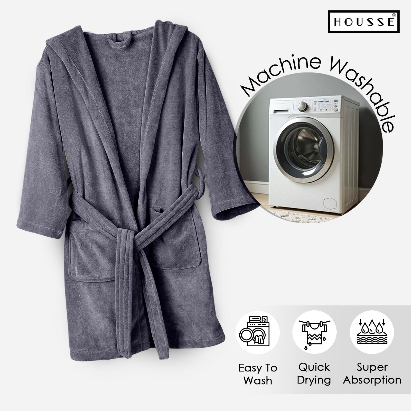 HOUSSE Bathrobe | 450 GSM Microfiber Solid Bathrobes for Kids | Solid Bathrobes, Highly Absorbent, Super Soft Bathrobe With Hoodie And Belt | Lightweight & Warm | 102 cm Long | Size-L | Pack of 1