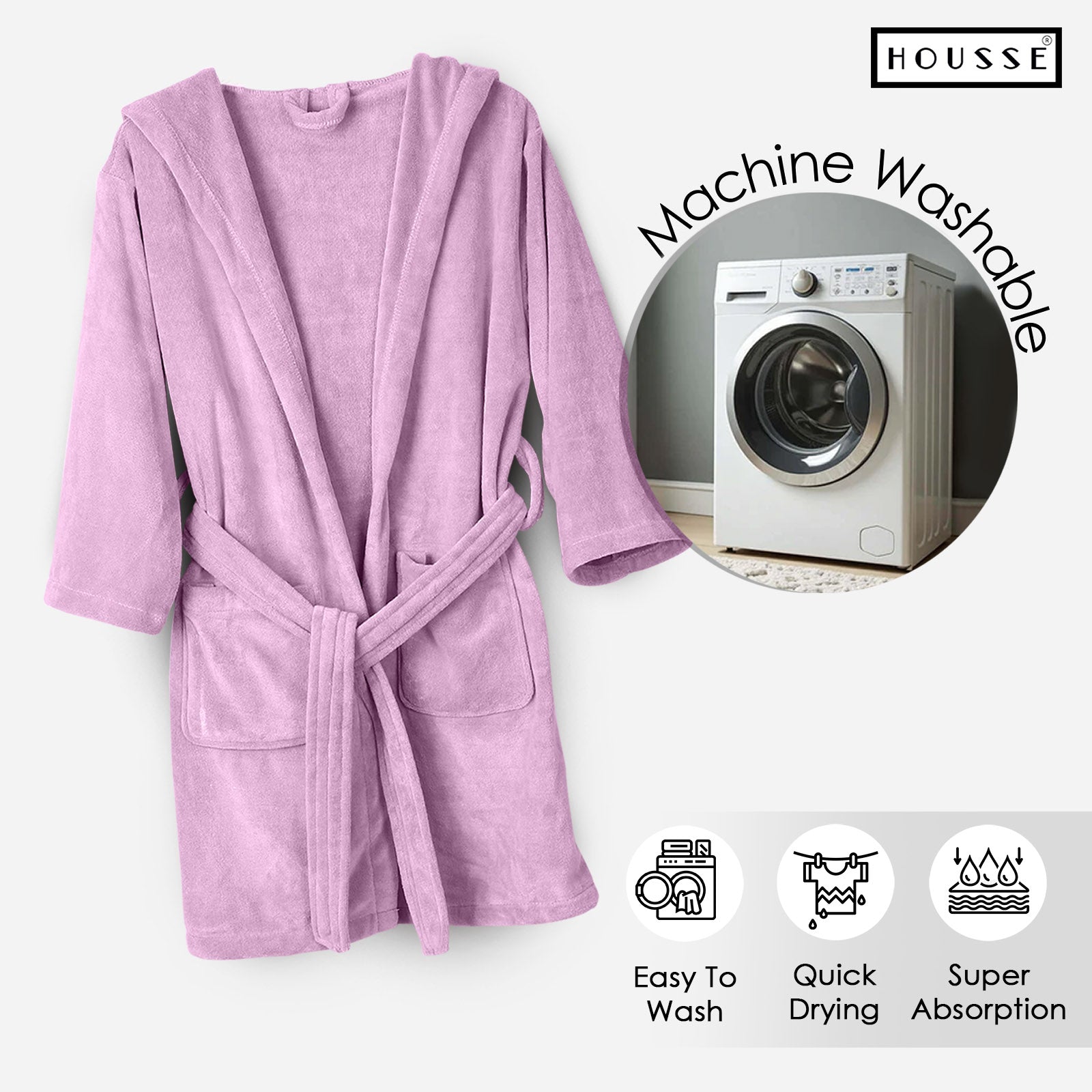 HOUSSE Bathrobe | 450 GSM Microfiber Solid Bathrobes for Kids | Solid Bathrobes, Highly Absorbent, Super Soft Bathrobe With Hoodie And Belt | Lightweight & Warm | 102 cm Long | Size-L | Pack of 1
