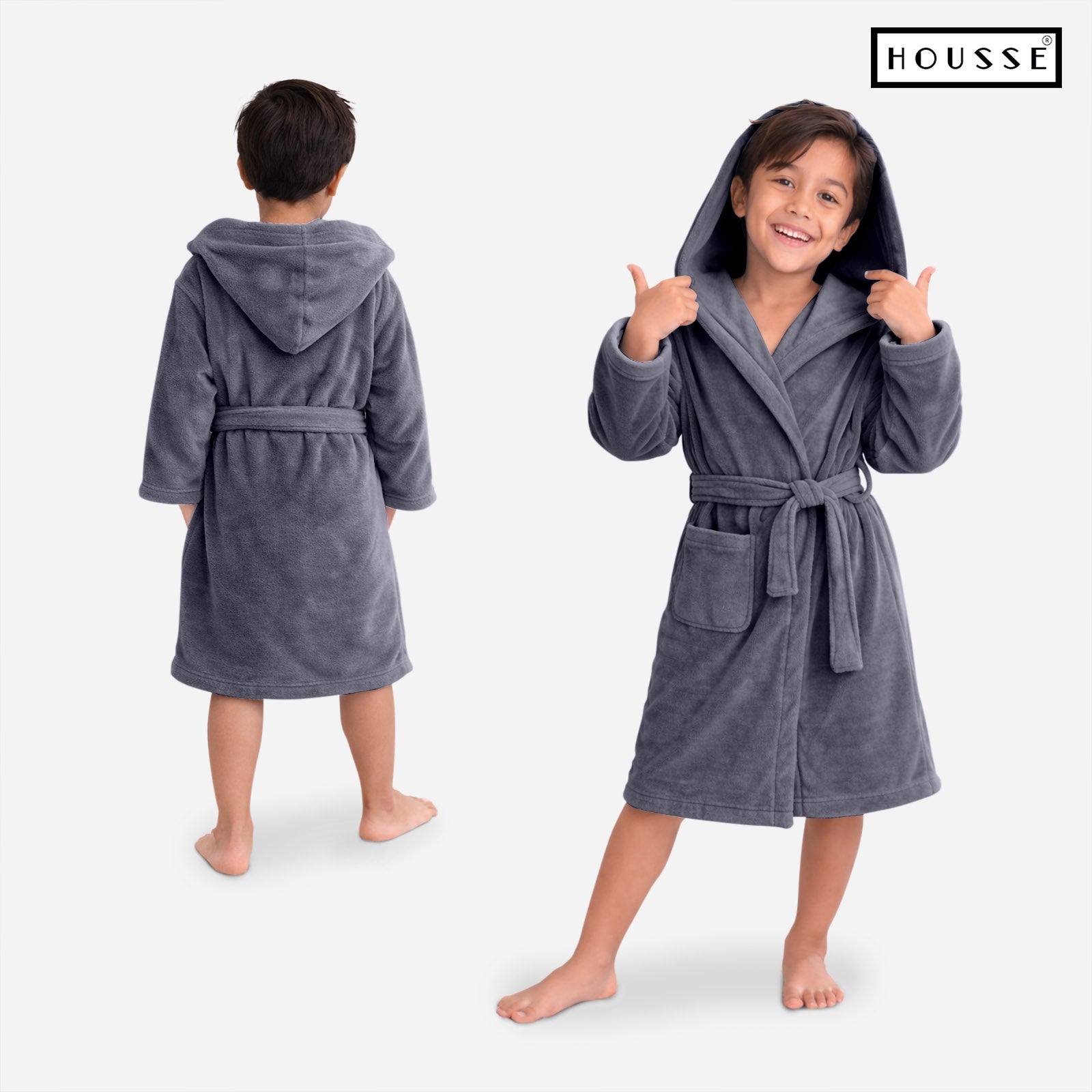 HOUSSE Bathrobe | 450 GSM Microfiber Solid Bathrobes for Kids | Solid Bathrobes, Highly Absorbent, Super Soft Bathrobe With Hoodie And Belt | Lightweight & Warm | 102 cm Long | Size-L | Pack of 1
