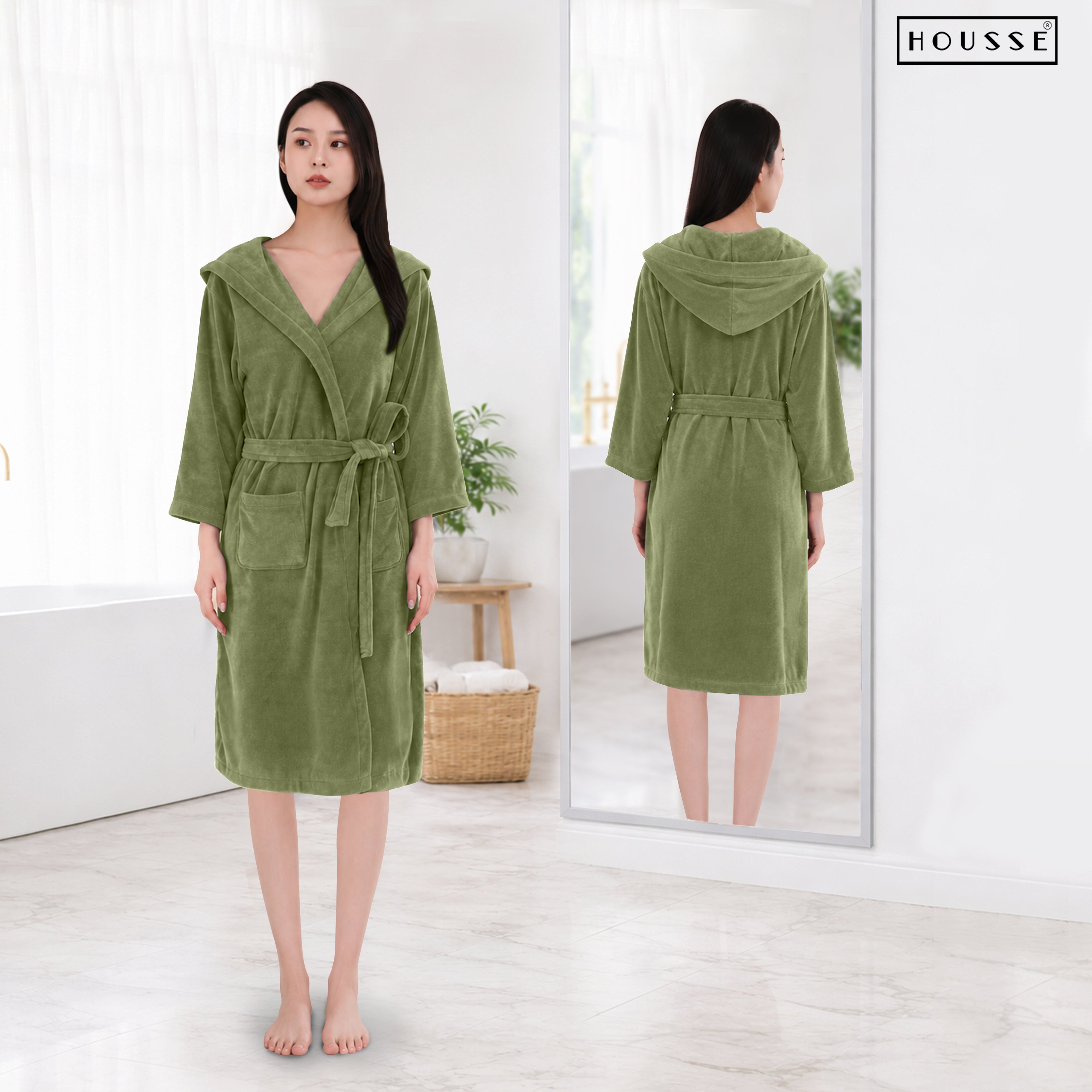HOUSSE Bathrobe | 450 GSM Microfiber Bathrobe For Women & Men | Super Soft Bathrobe With Hoodie And Belt | Highly Absorbent, Lightweight & Warm | 102 cm Long | Size-L | Pack of 1