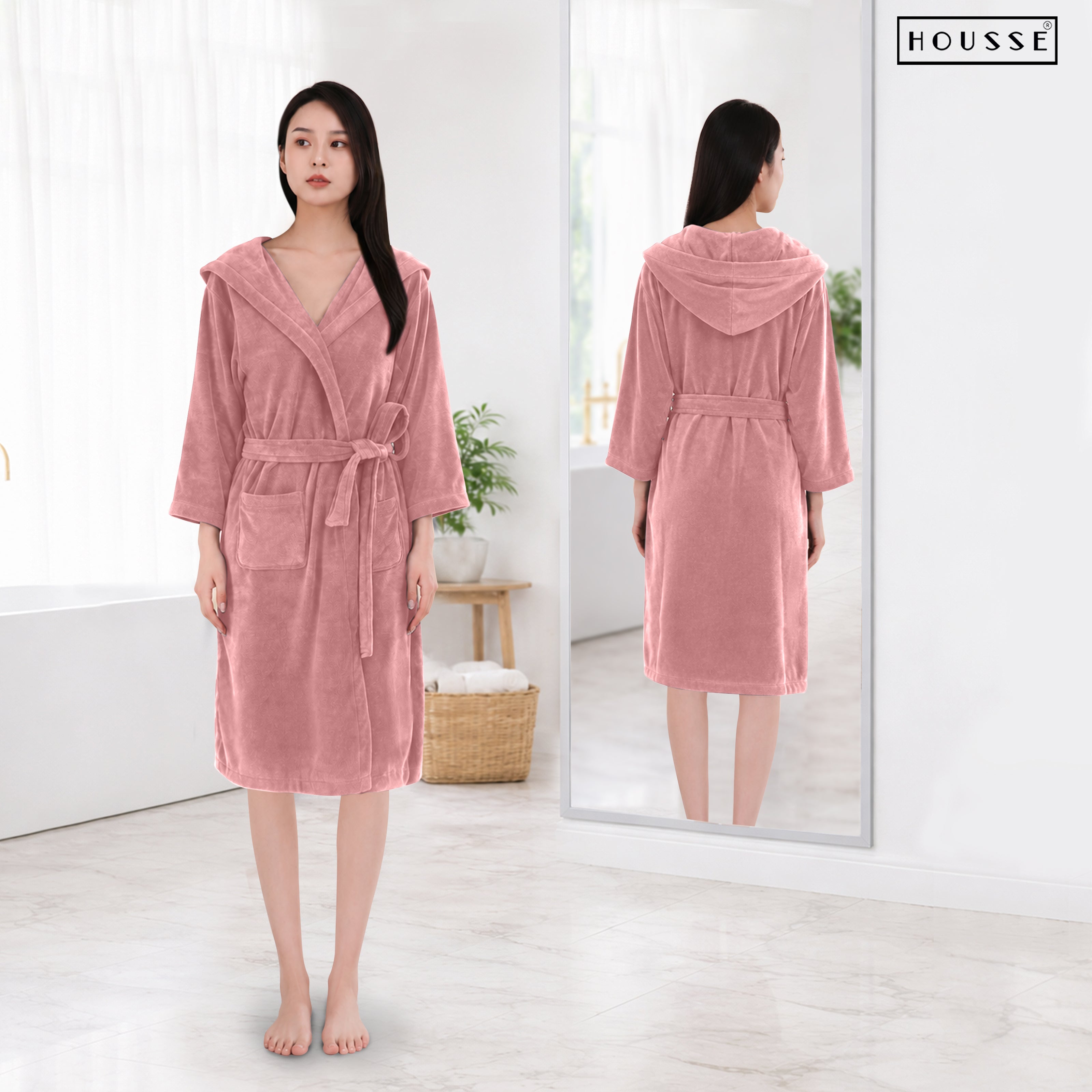 HOUSSE Bathrobe | 450 GSM Microfiber Bathrobe For Women & Men | Super Soft Bathrobe With Hoodie And Belt | Highly Absorbent, Lightweight & Warm | 102 cm Long | Size-L | Pack of 1