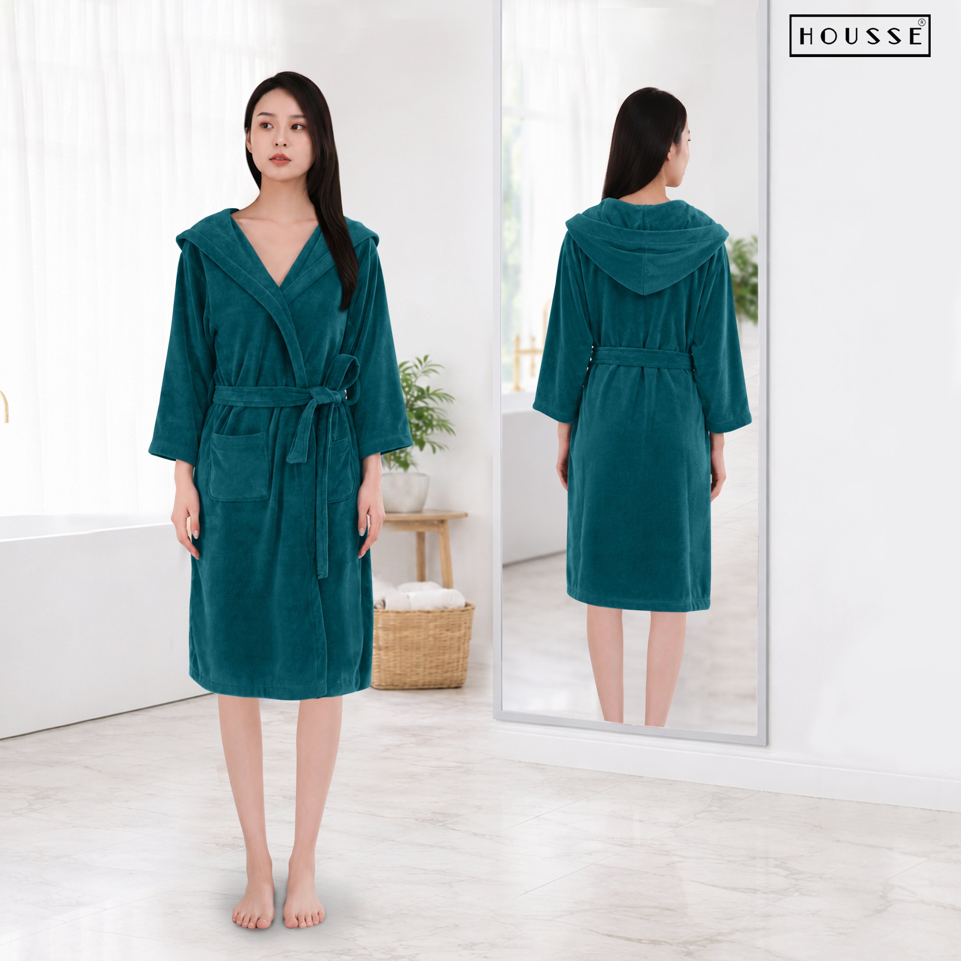 HOUSSE Bathrobe | 450 GSM Microfiber Bathrobe For Women & Men | Super Soft Bathrobe With Hoodie And Belt | Highly Absorbent, Lightweight & Warm | 102 cm Long | Size-L | Pack of 1