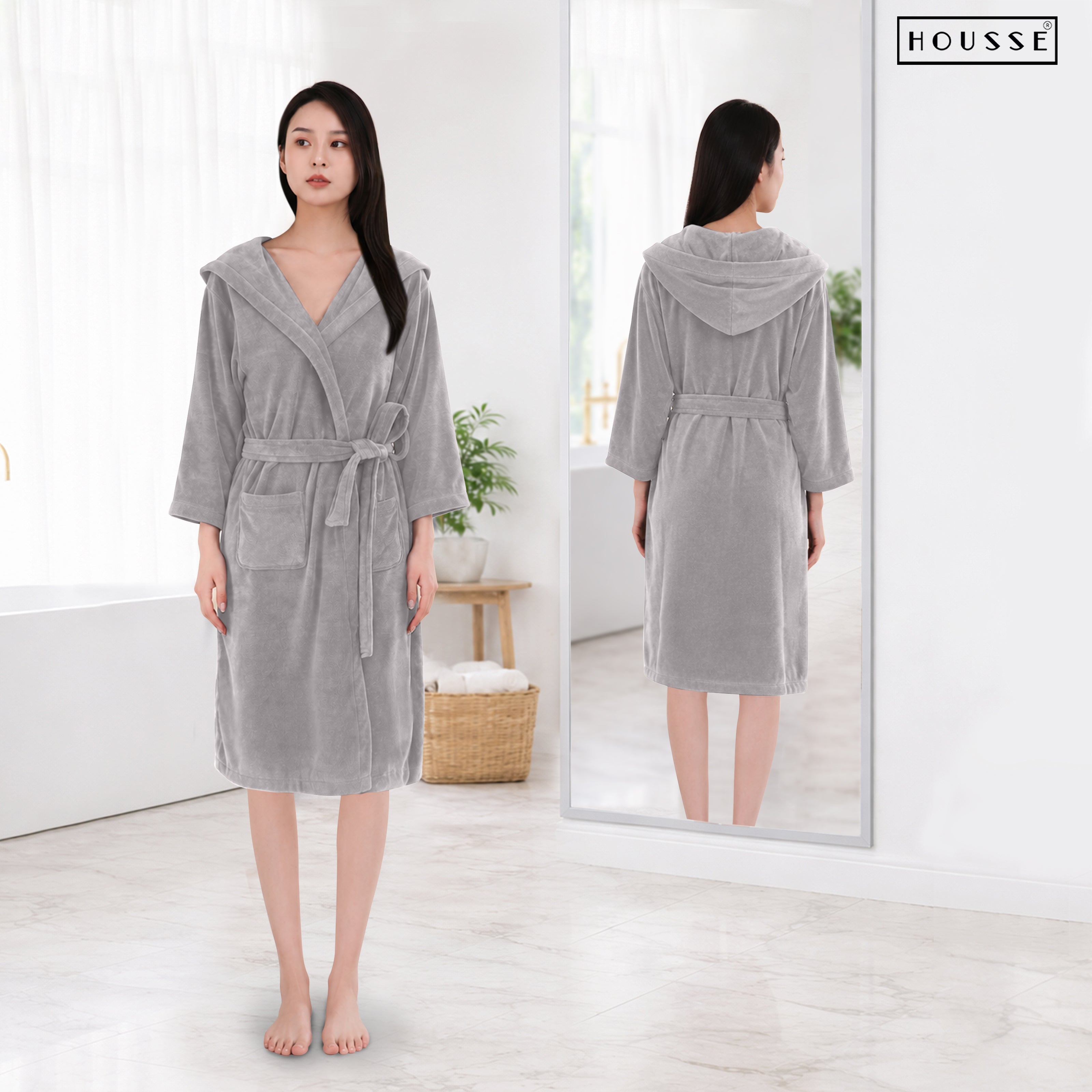 HOUSSE Bathrobe | 450 GSM Microfiber Bathrobe For Women & Men | Super Soft Bathrobe With Hoodie And Belt | Highly Absorbent, Lightweight & Warm | 102 cm Long | Size-L | Pack of 1