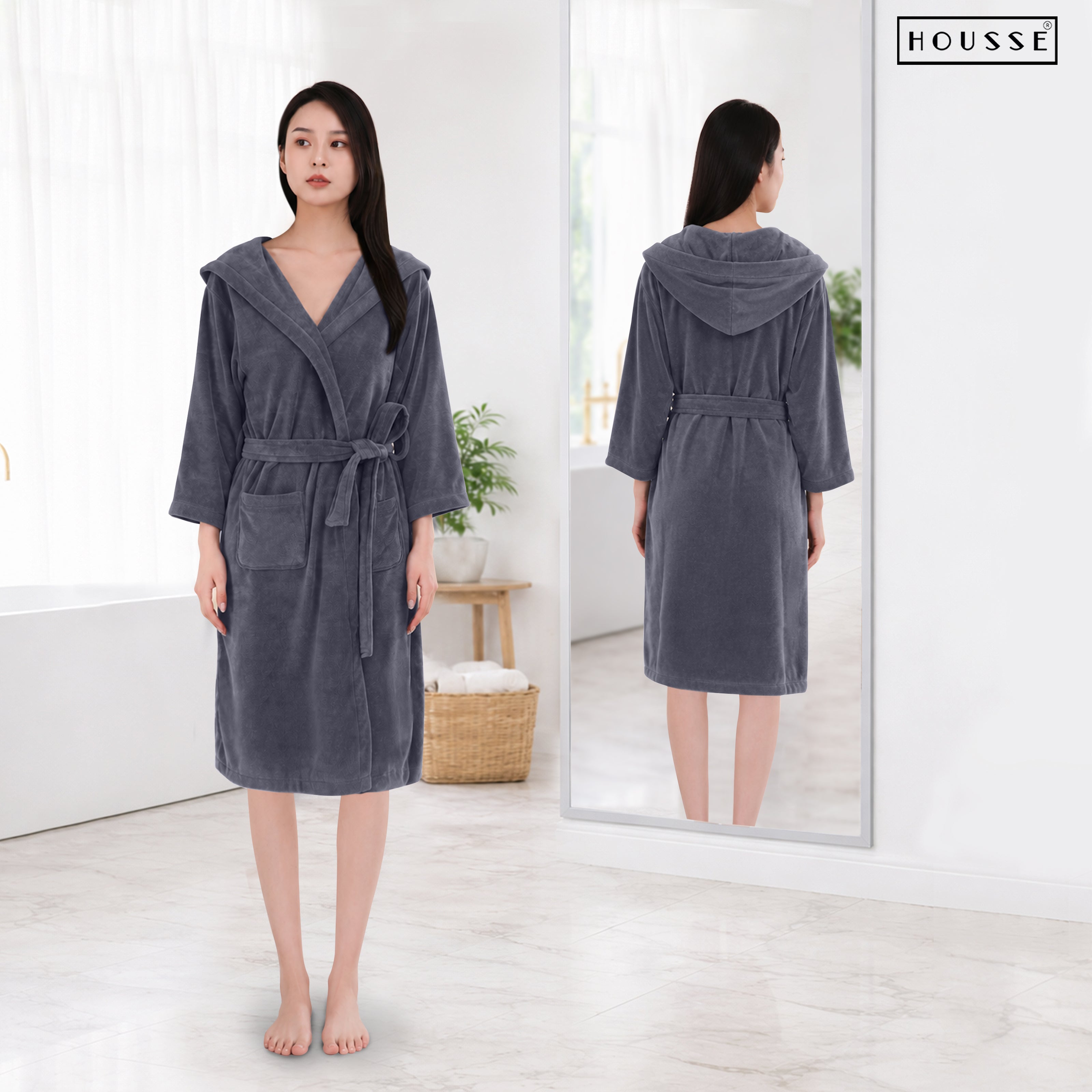 HOUSSE Bathrobe | 450 GSM Microfiber Bathrobe For Women & Men | Super Soft Bathrobe With Hoodie And Belt | Highly Absorbent, Lightweight & Warm | 102 cm Long | Size-L | Pack of 1