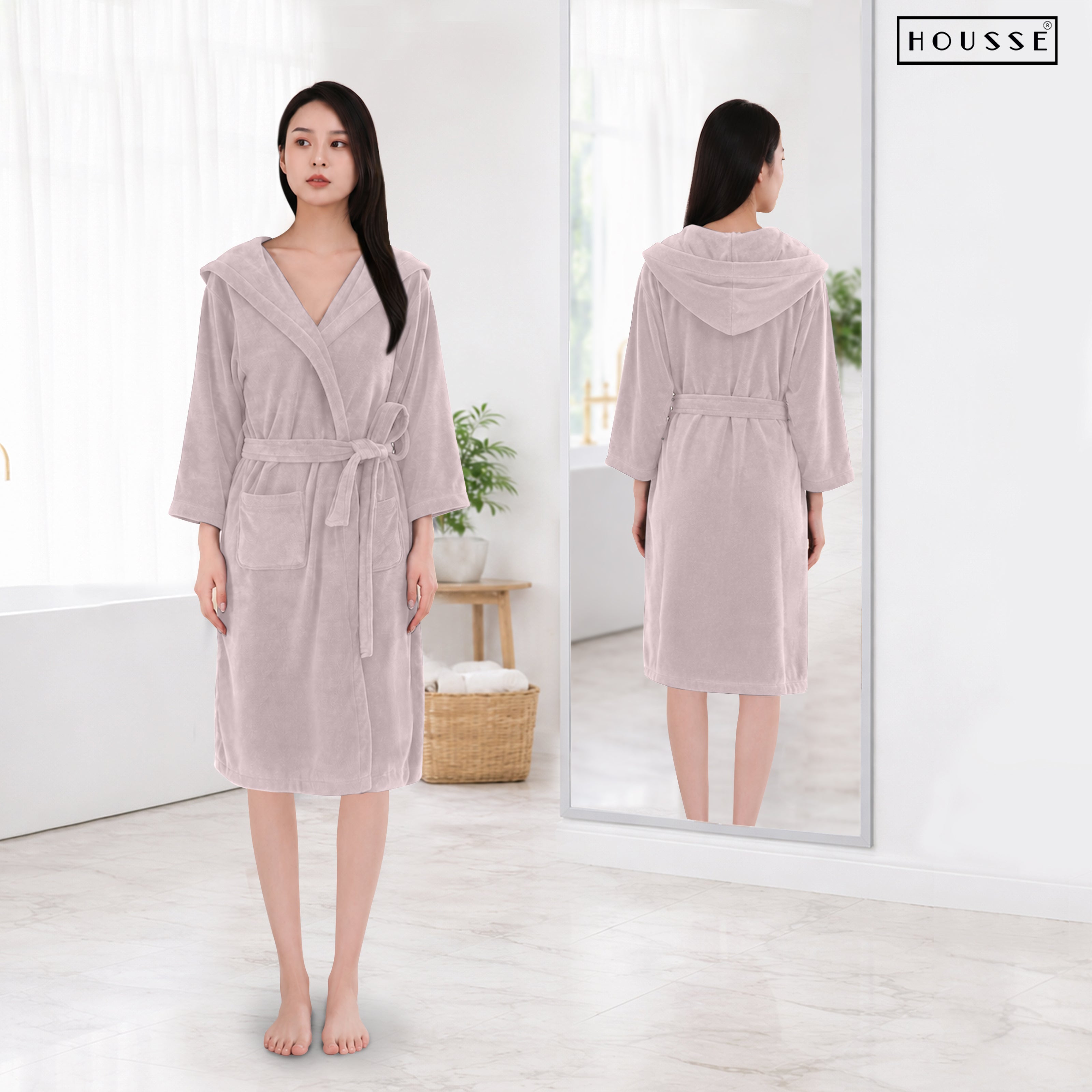 HOUSSE Bathrobe | 450 GSM Microfiber Bathrobe For Women & Men | Super Soft Bathrobe With Hoodie And Belt | Highly Absorbent, Lightweight & Warm | 102 cm Long | Size-L | Pack of 1