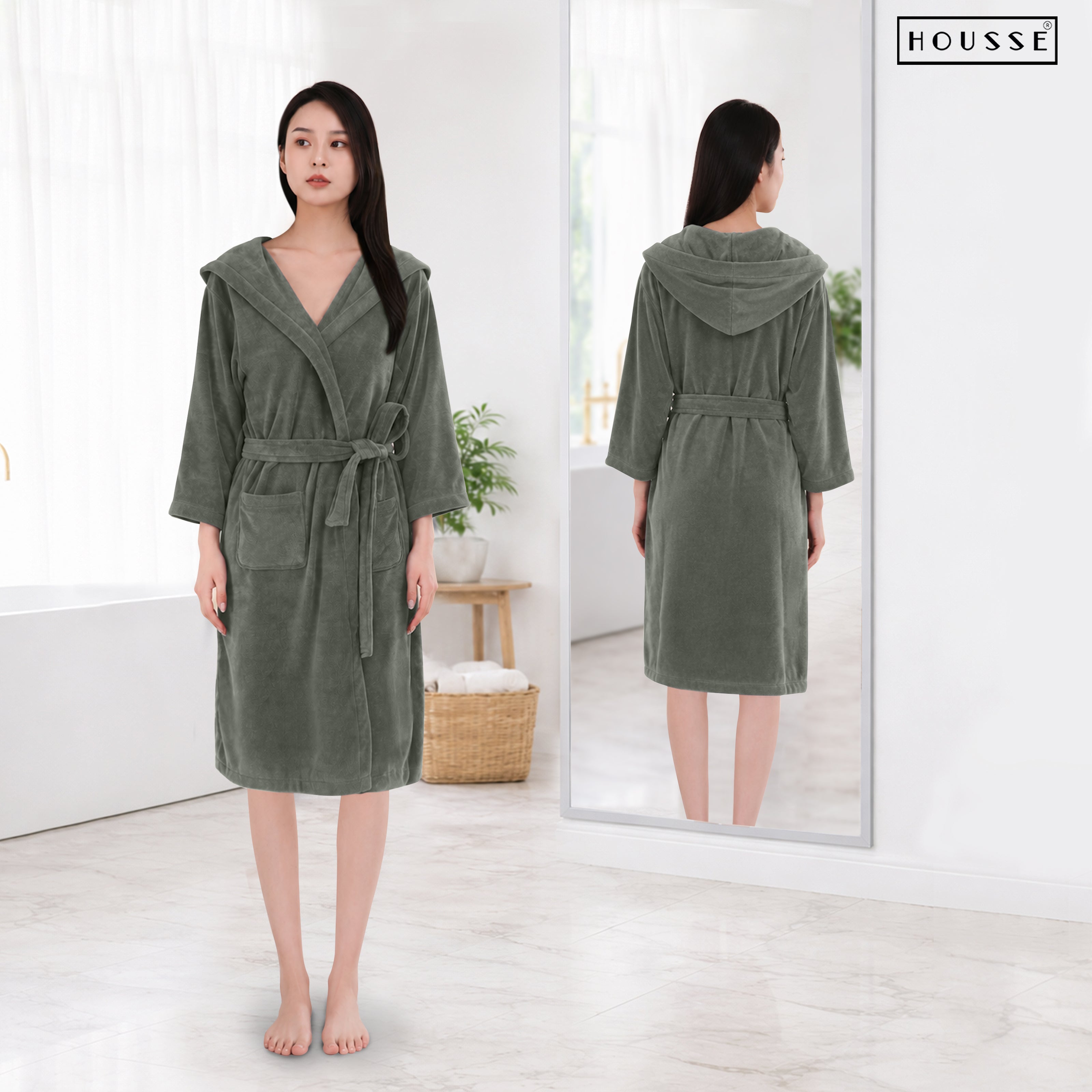 HOUSSE Bathrobe | 450 GSM Microfiber Bathrobe For Women & Men | Super Soft Bathrobe With Hoodie And Belt | Highly Absorbent, Lightweight & Warm | 102 cm Long | Size-L | Pack of 1