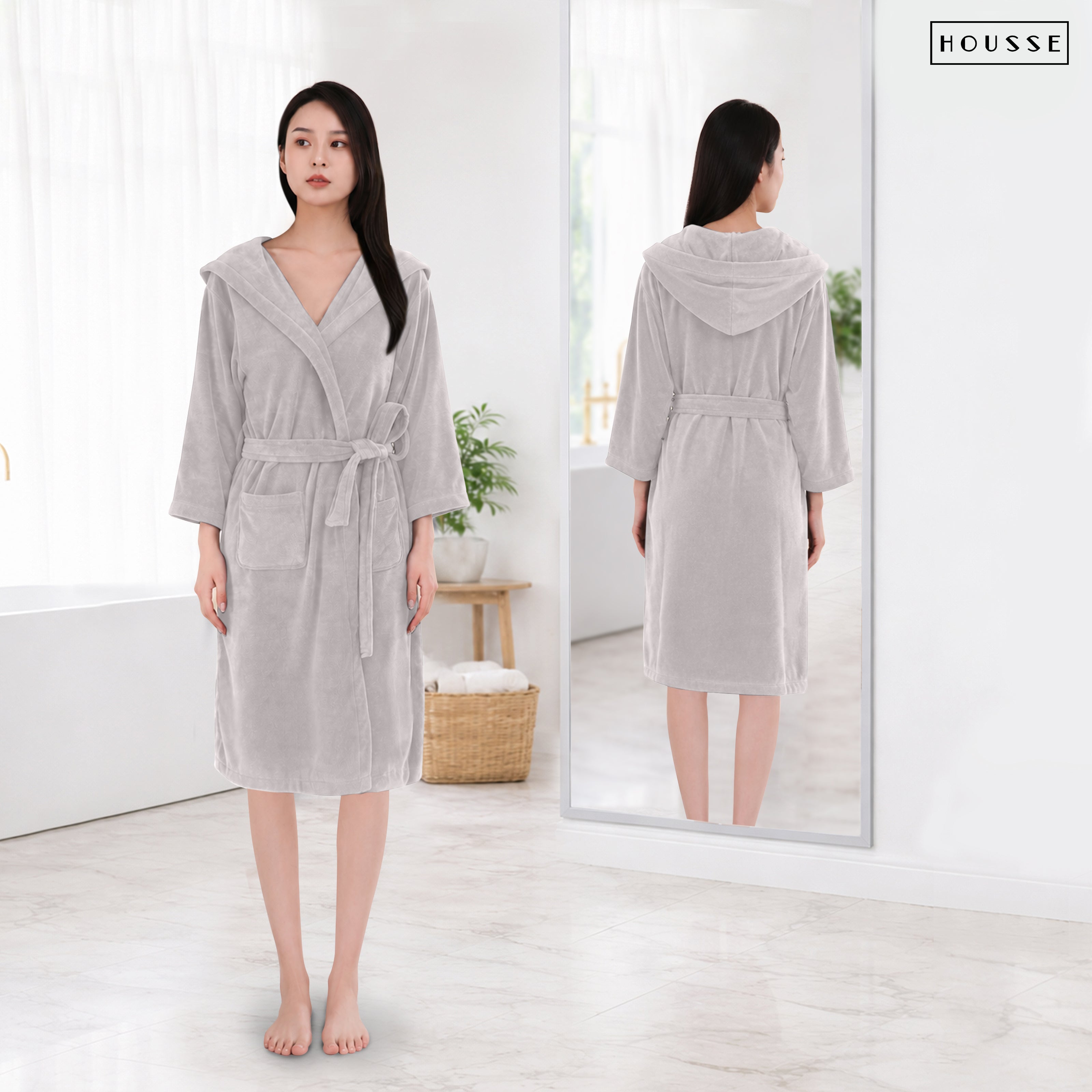 HOUSSE Bathrobe | 450 GSM Microfiber Bathrobe For Women & Men | Super Soft Bathrobe With Hoodie And Belt | Highly Absorbent, Lightweight & Warm | 102 cm Long | Size-L | Pack of 1